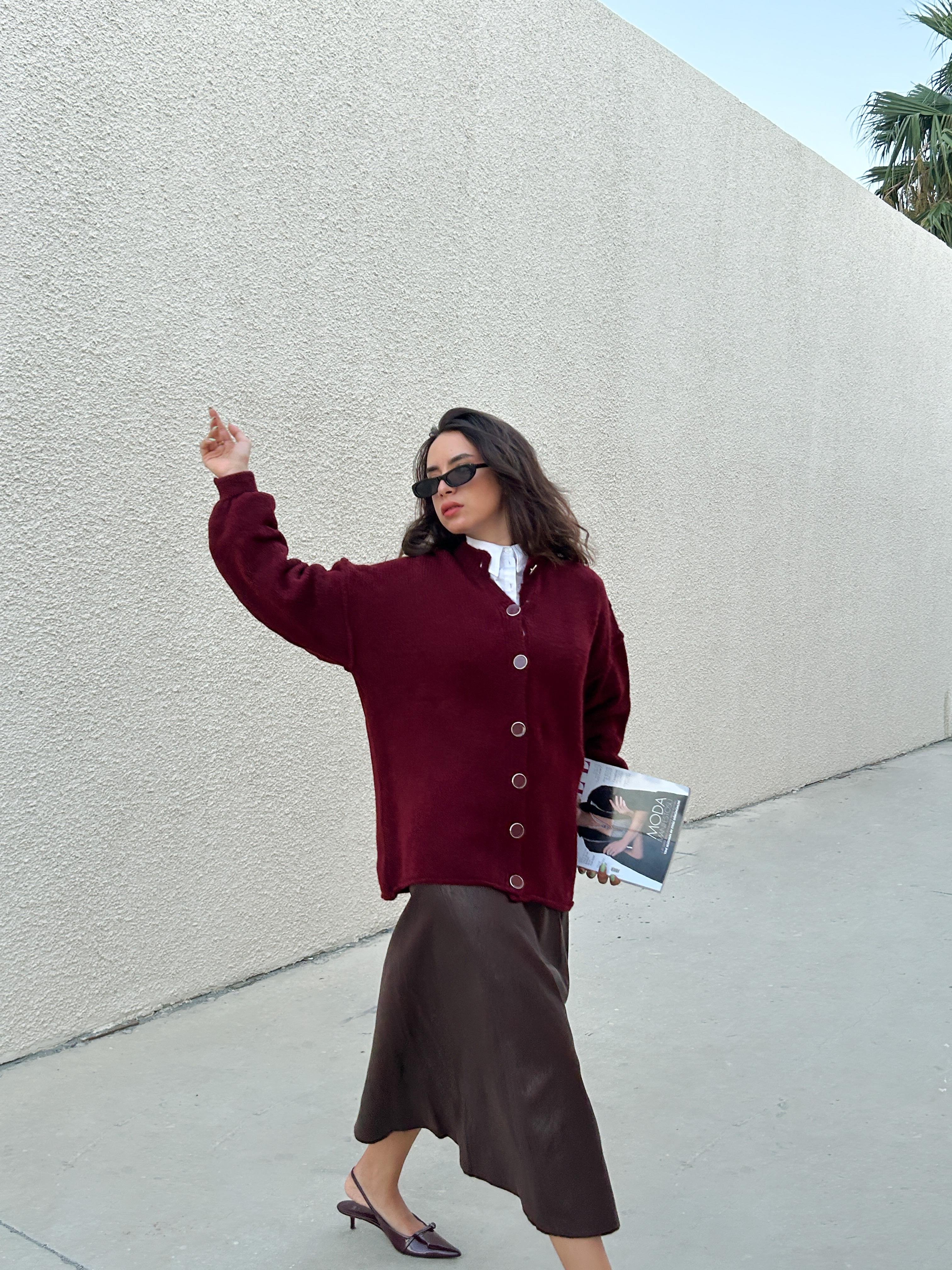 Kadın Bordo Oversize Triko Hırka Pis Dikişli 7000