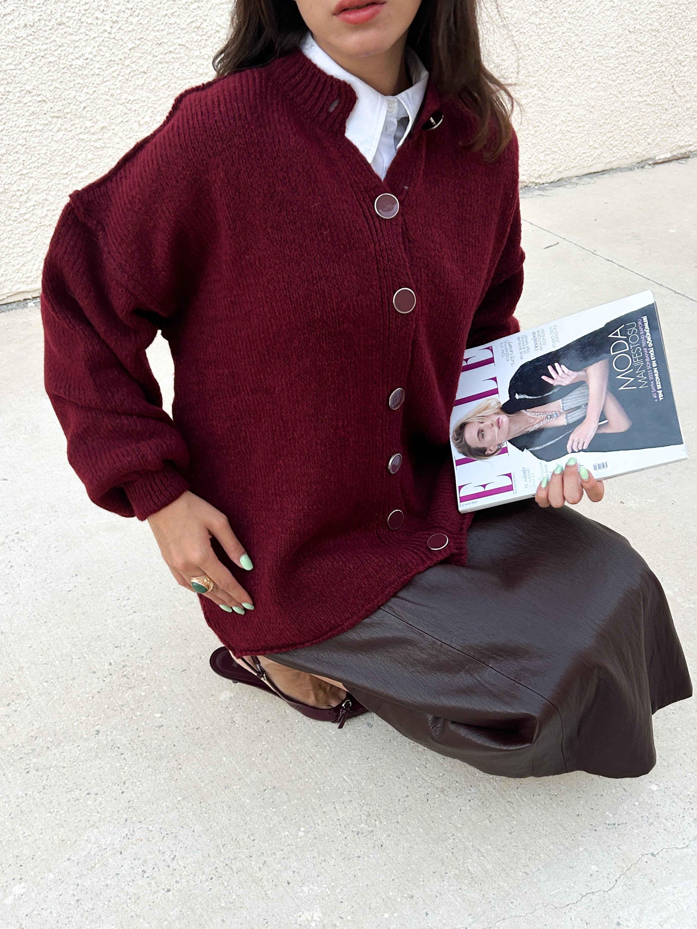 Kadın Bordo Oversize Triko Hırka Pis Dikişli 7000