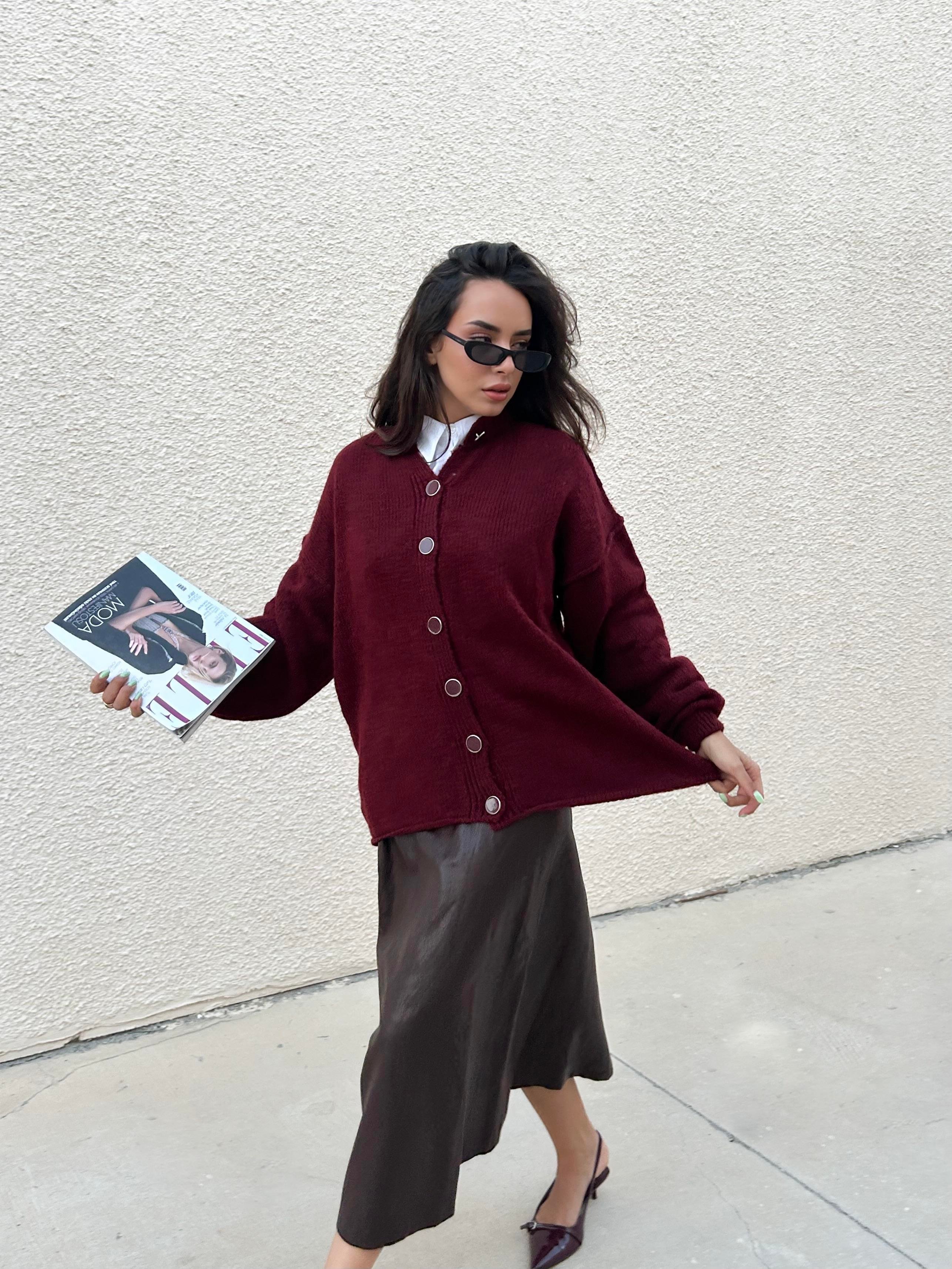 Kadın Bordo Oversize Triko Hırka Pis Dikişli 7000