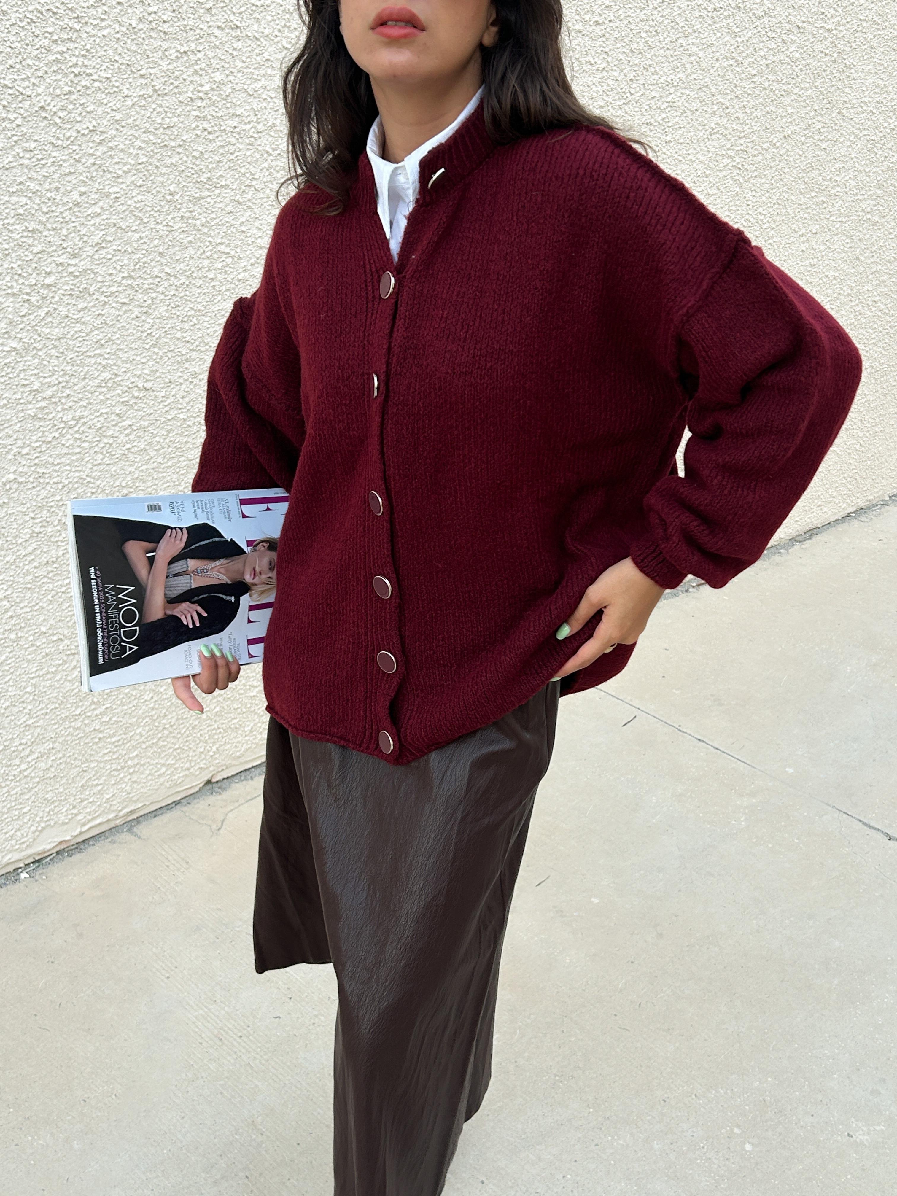 Kadın Bordo Oversize Triko Hırka Pis Dikişli 7000