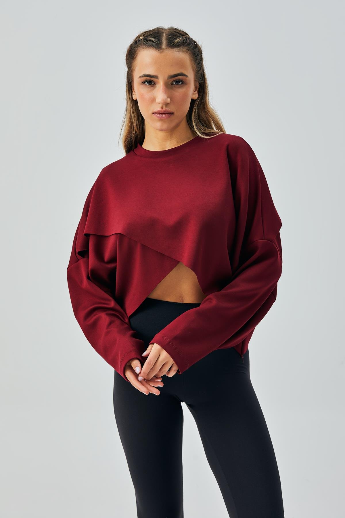 Kadın Bordo OYS Modal Kumaş Asimetrik Kesim Sweatshirt 28028