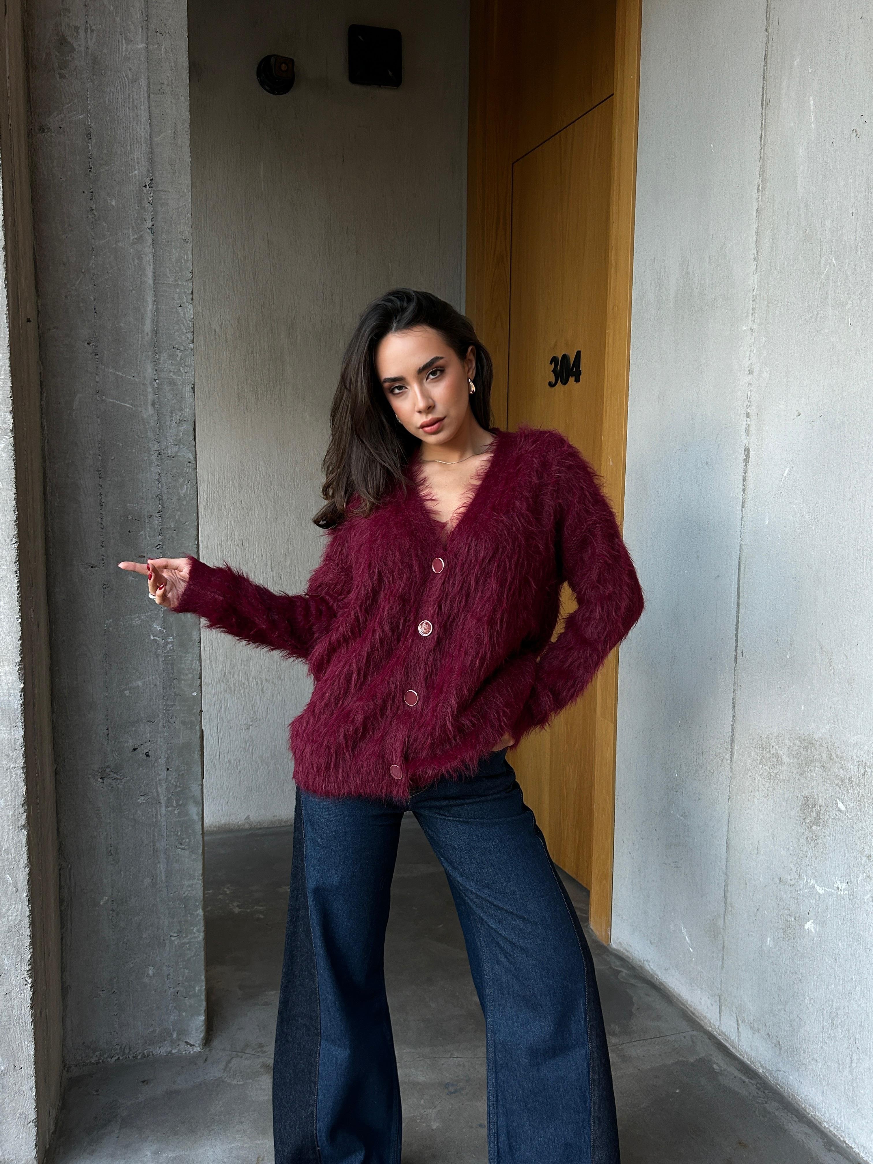 Kadın Bordo Peluş Oversize Triko Hırka 91