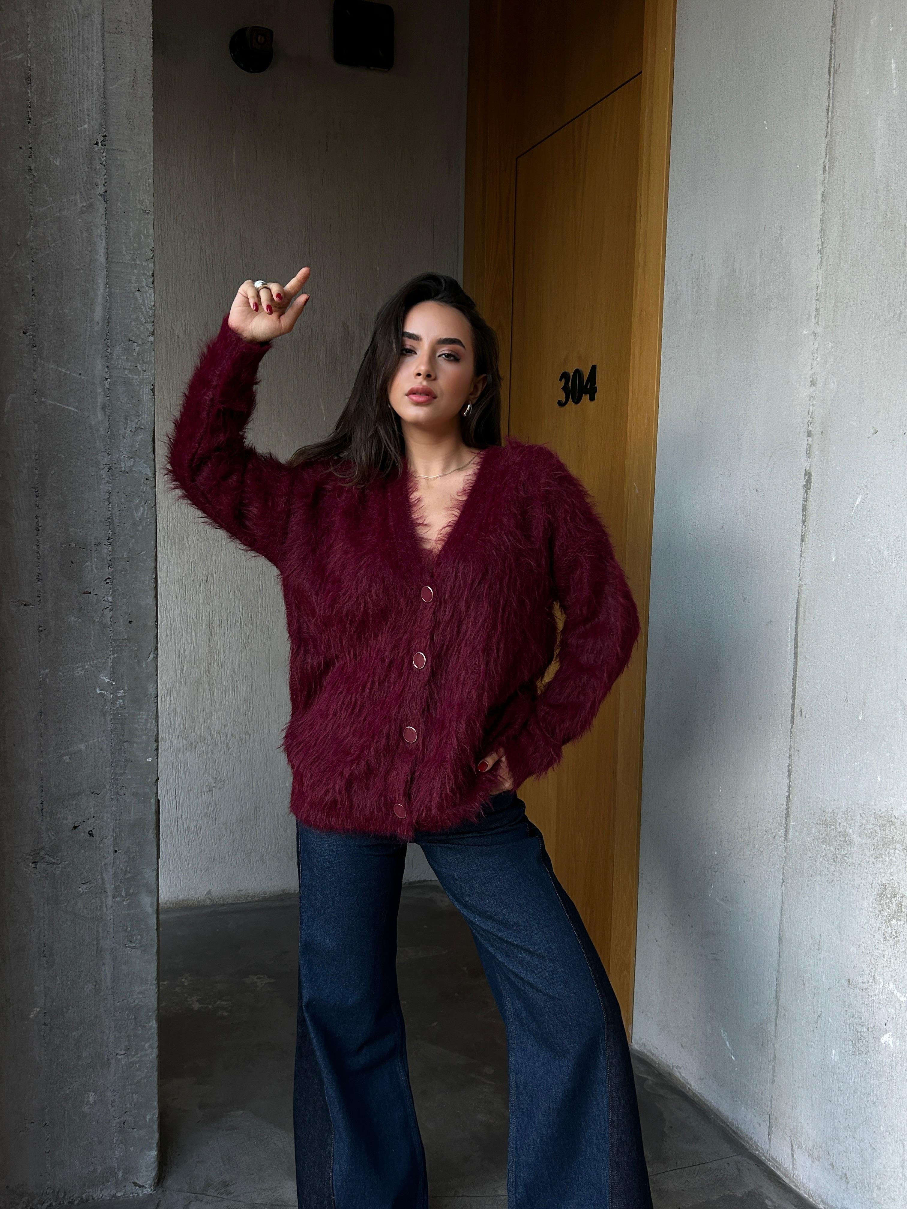 Kadın Bordo Peluş Oversize Triko Hırka 91