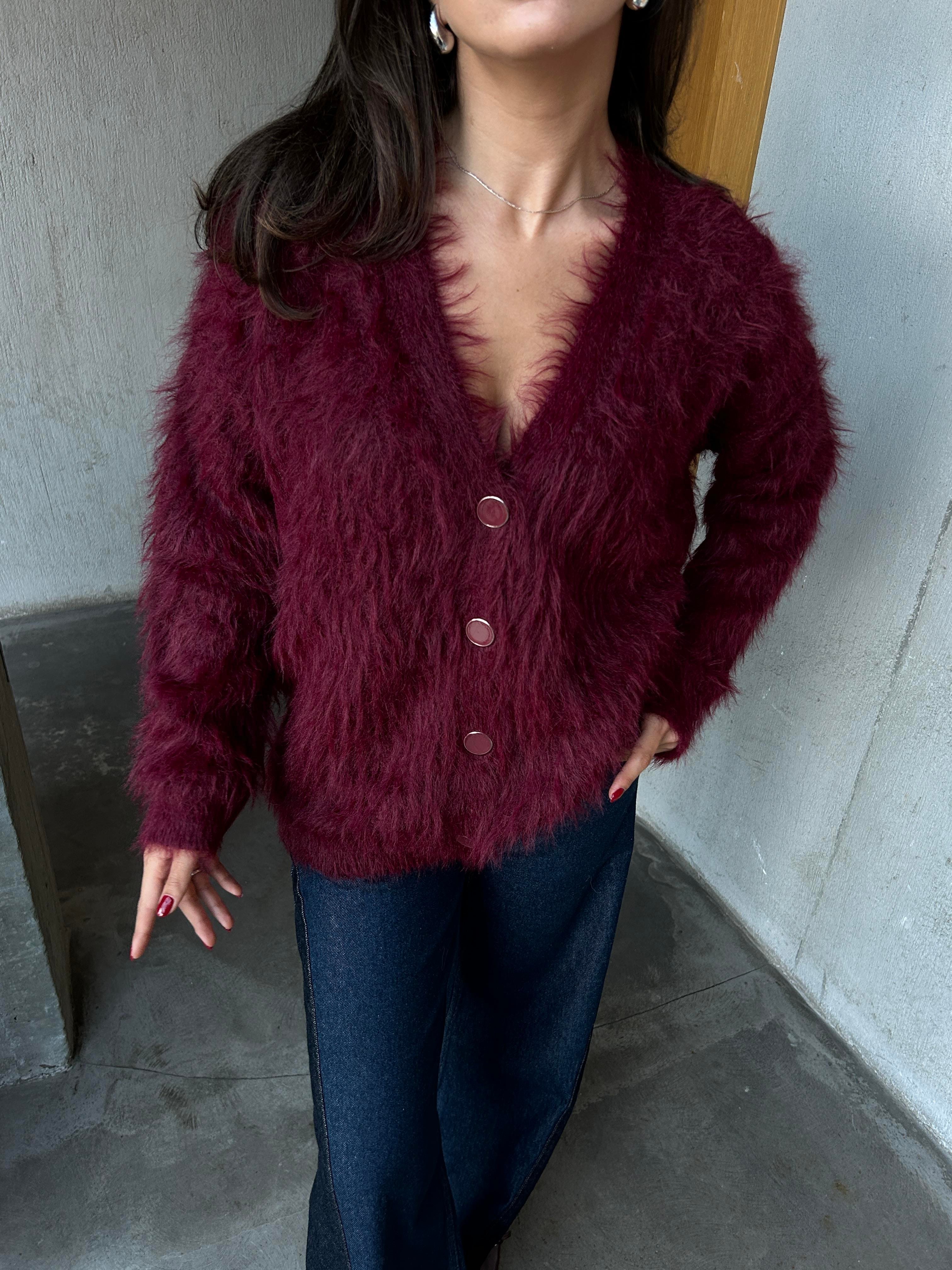 Kadın Bordo Peluş Oversize Triko Hırka 91