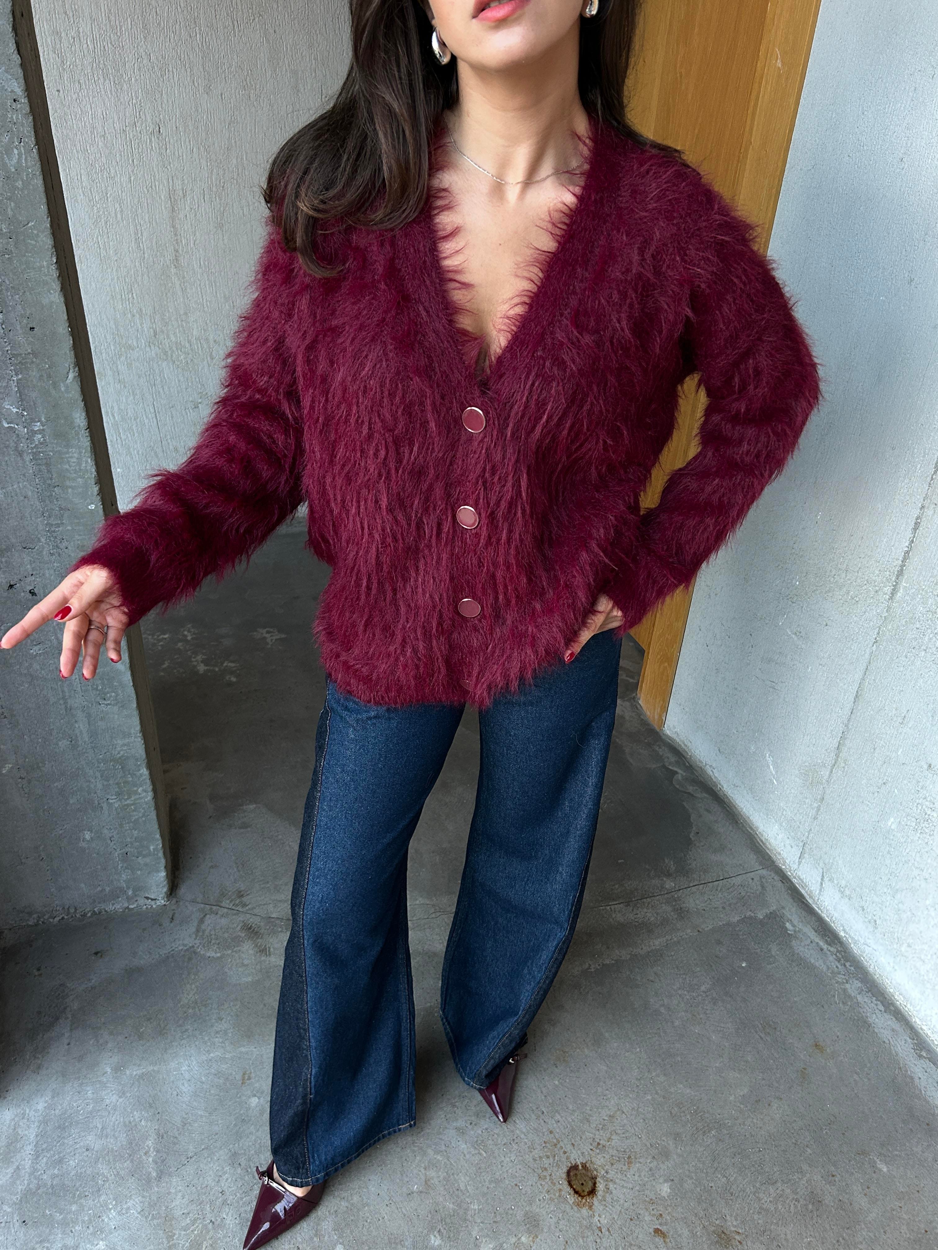 Kadın Bordo Peluş Oversize Triko Hırka 91