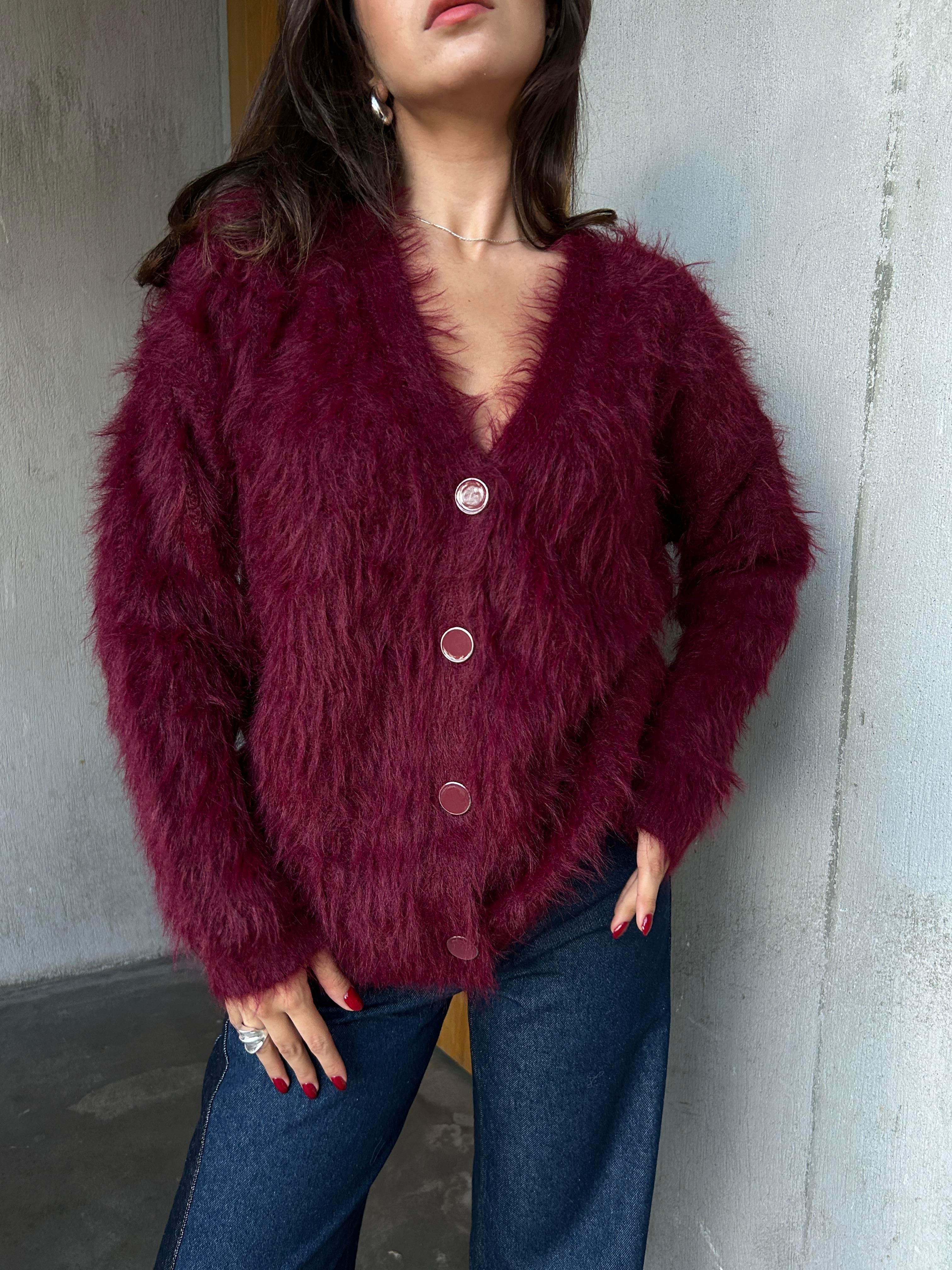 Kadın Bordo Peluş Oversize Triko Hırka 91