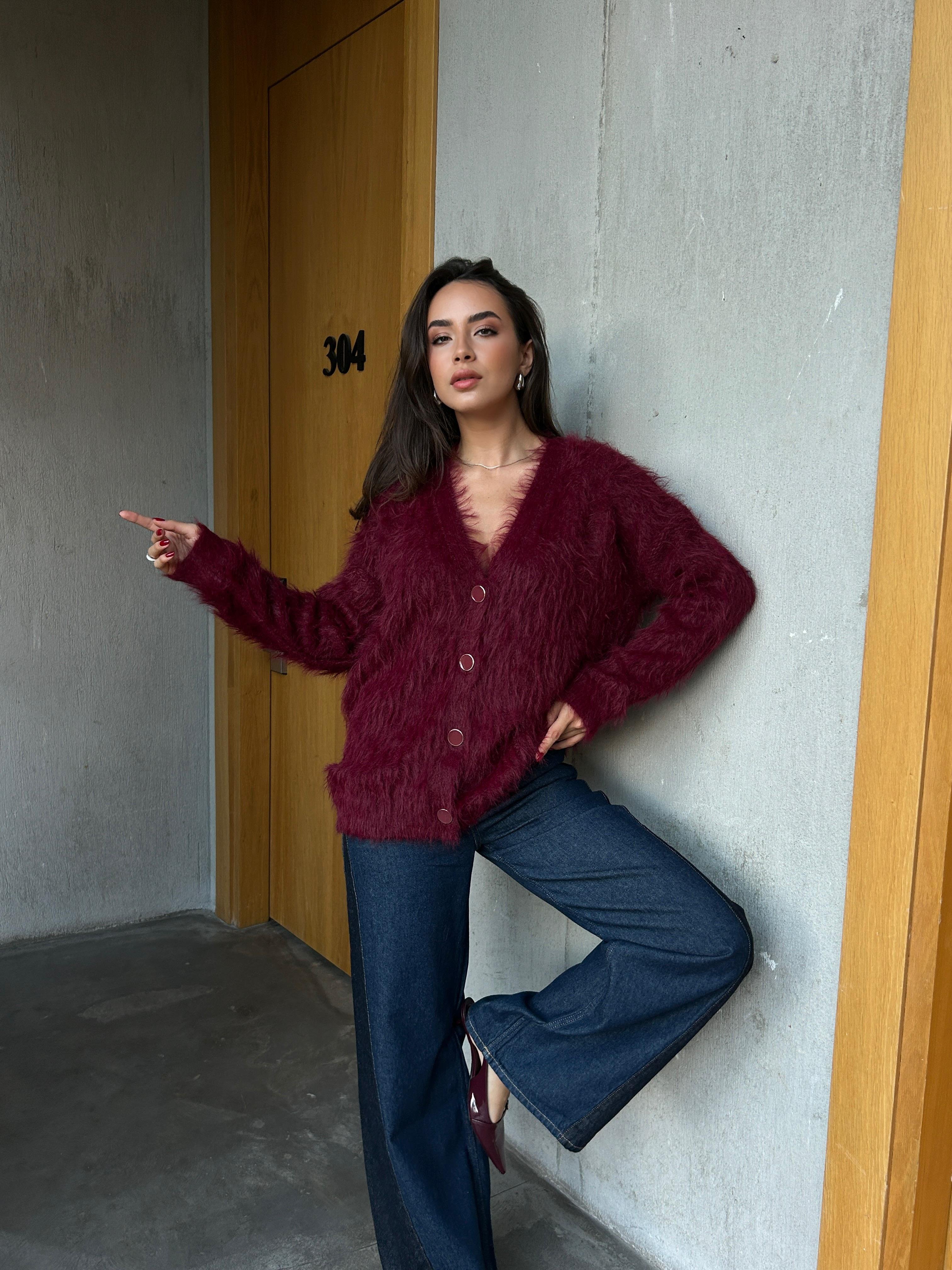 Kadın Bordo Peluş Oversize Triko Hırka 91
