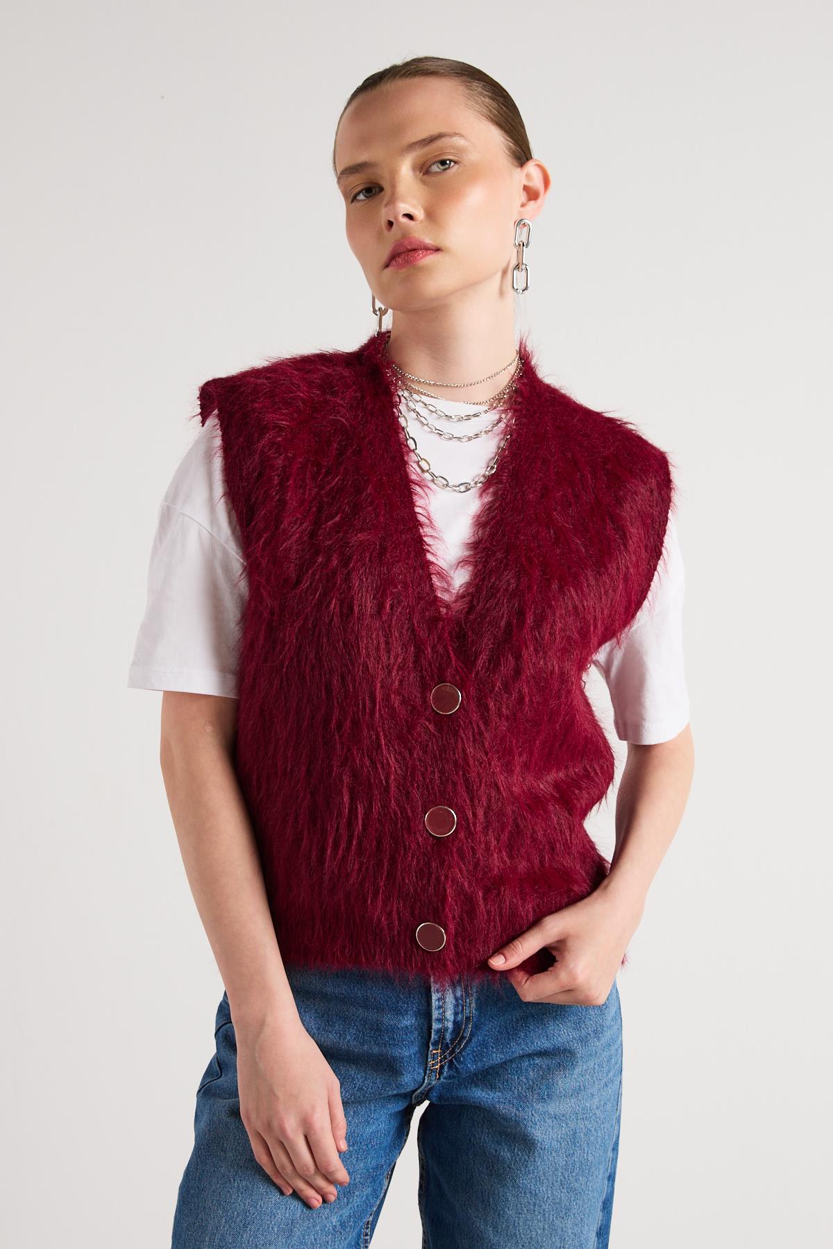 Kadın Bordo Peluş Triko Yelek 92