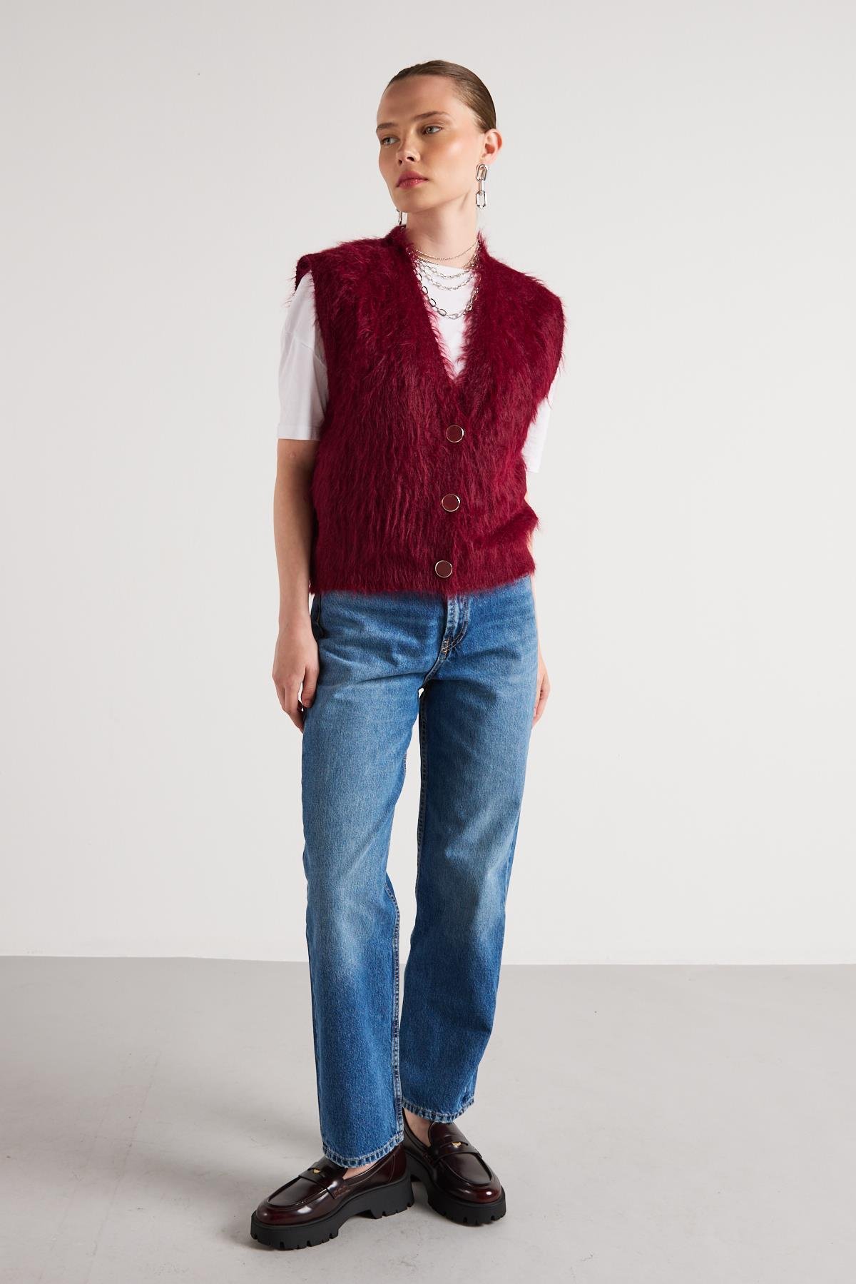 Kadın Bordo Peluş Triko Yelek 92