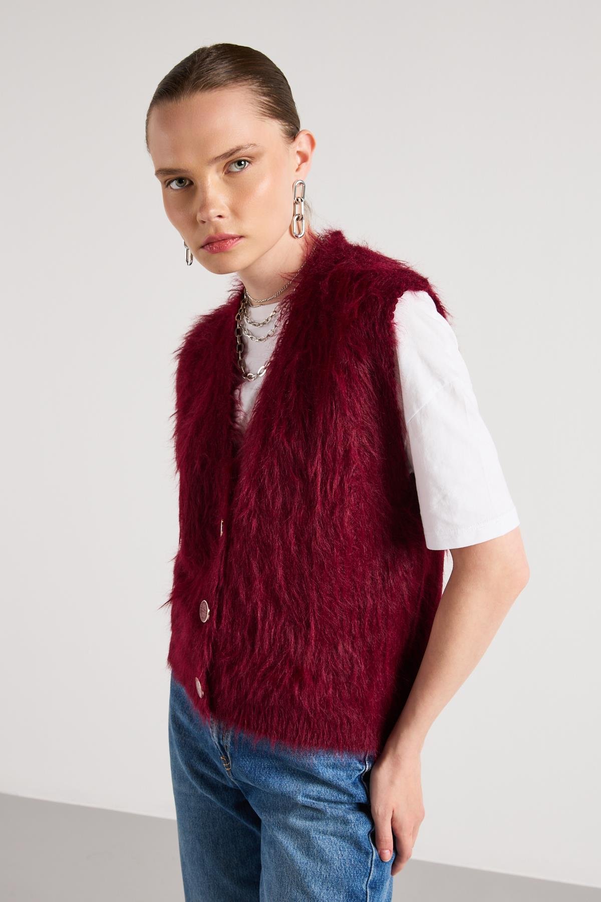 Kadın Bordo Peluş Triko Yelek 92