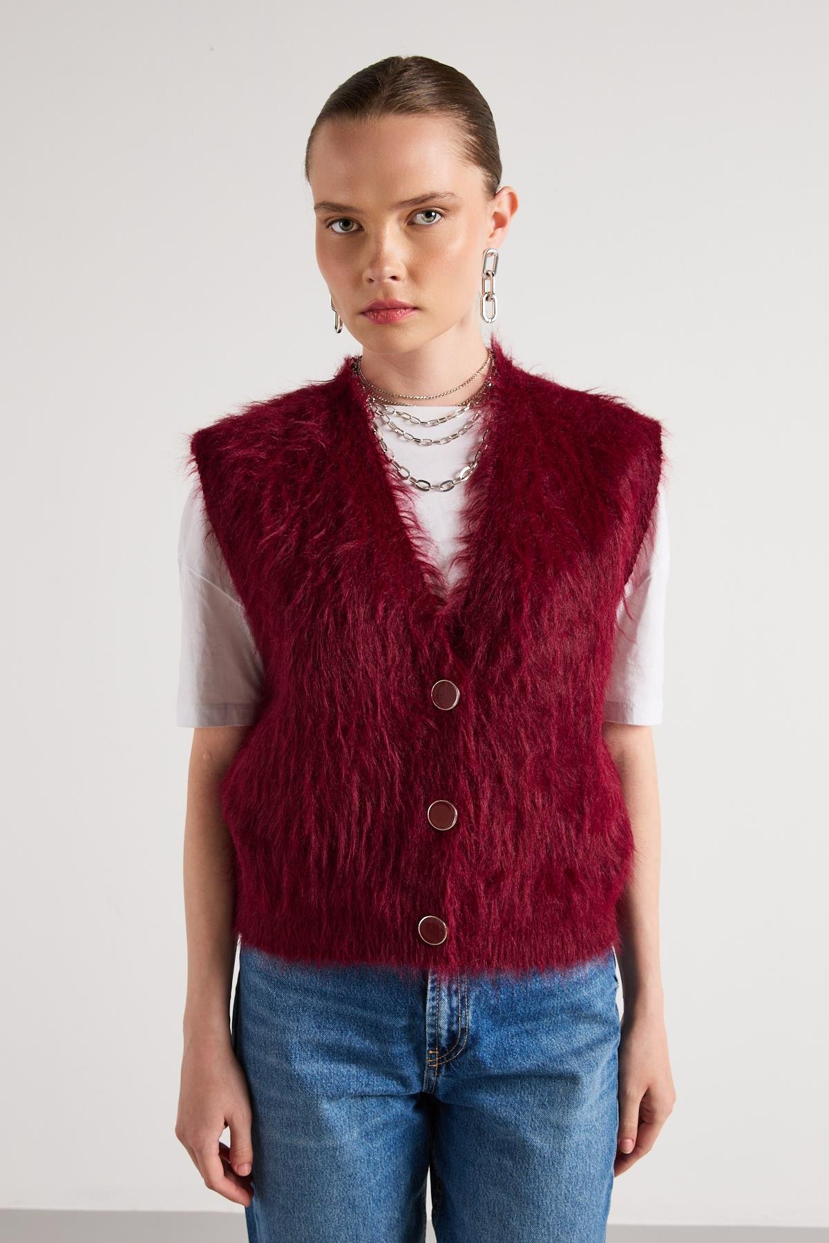 Kadın Bordo Peluş Triko Yelek 92