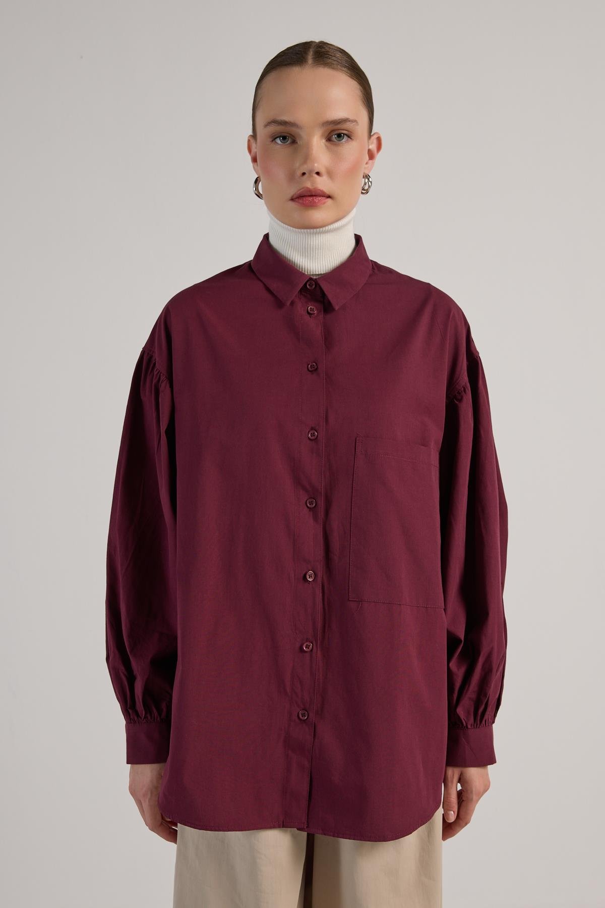 Kadın Bordo Pileli Cep Detaylı Oversize Gömlek 30062