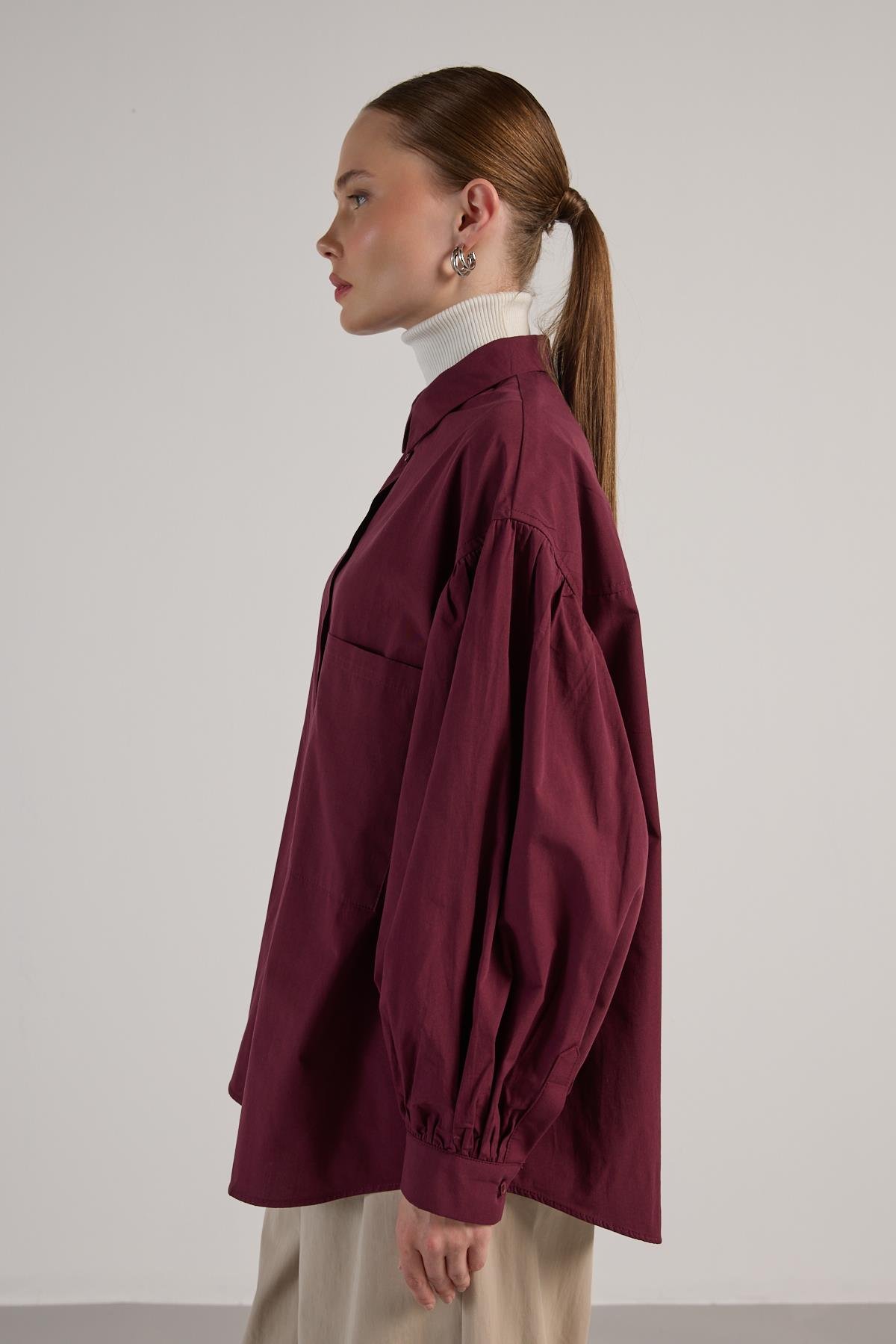 Kadın Bordo Pileli Cep Detaylı Oversize Gömlek 30062