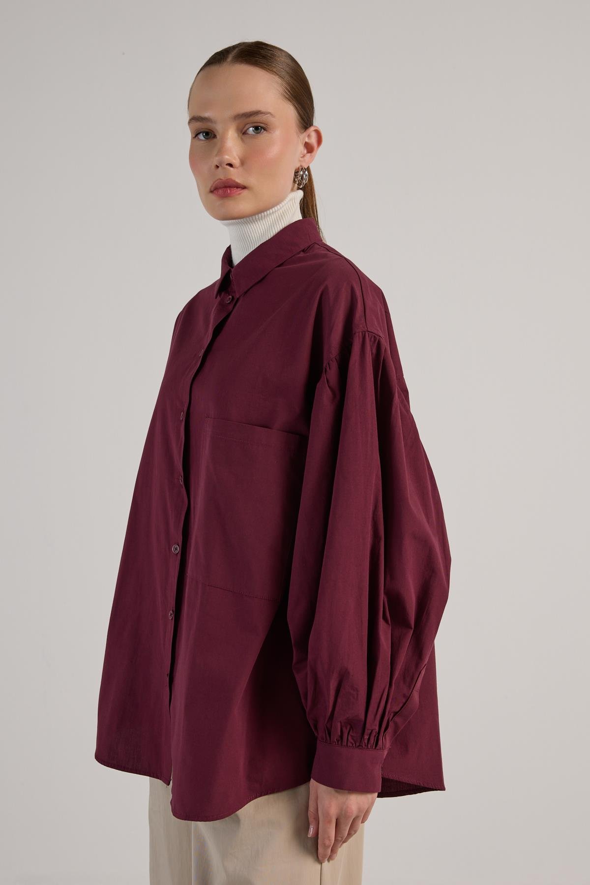 Kadın Bordo Pileli Cep Detaylı Oversize Gömlek 30062