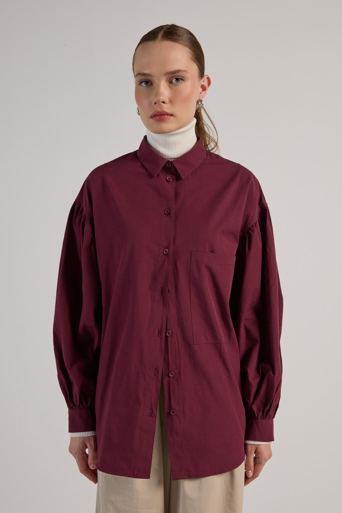Kadın Bordo Pileli Cep Detaylı Oversize Gömlek 30062