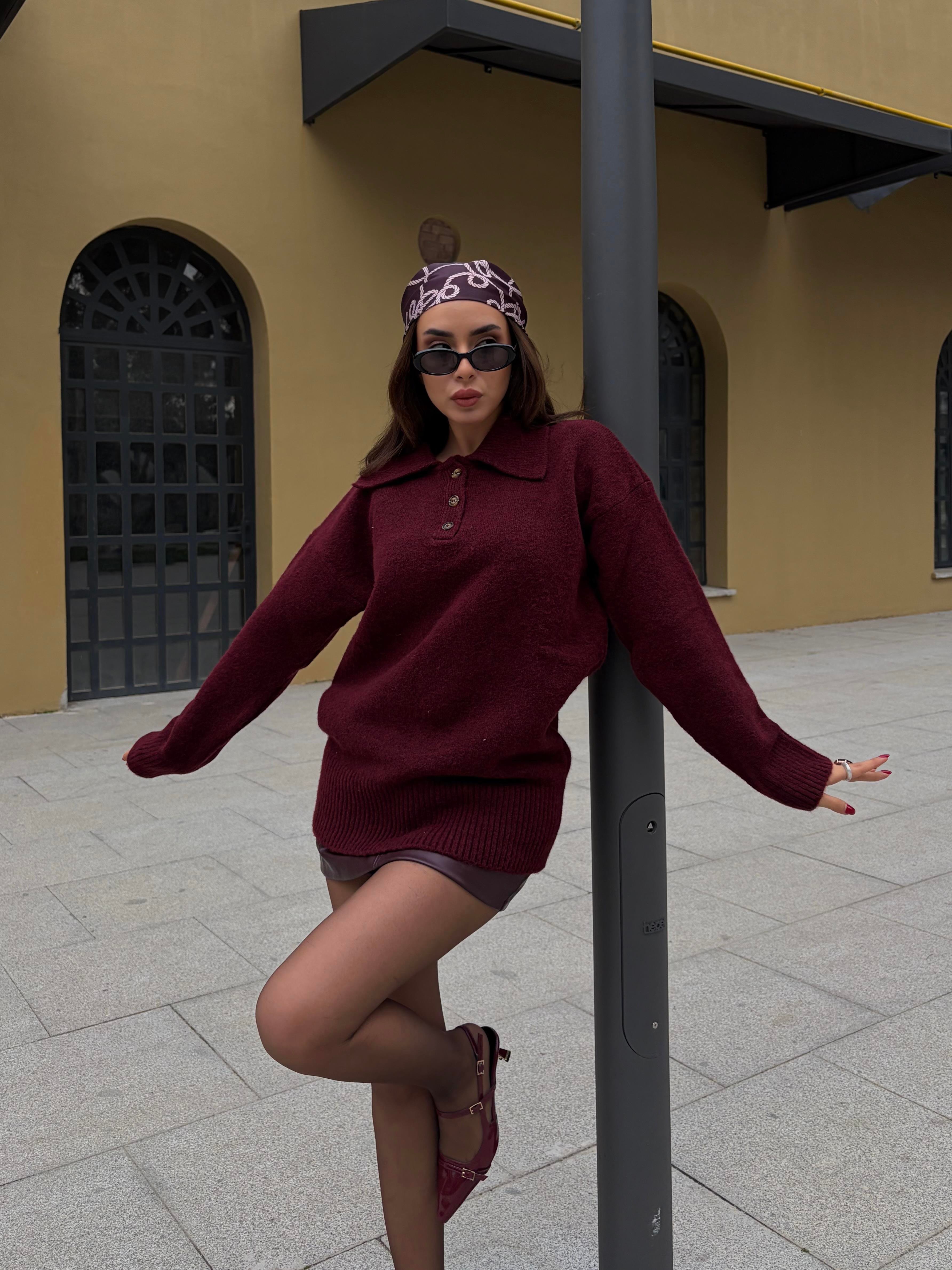 Kadın Bordo Polo Yaka Kazak Tunik Boy 7036