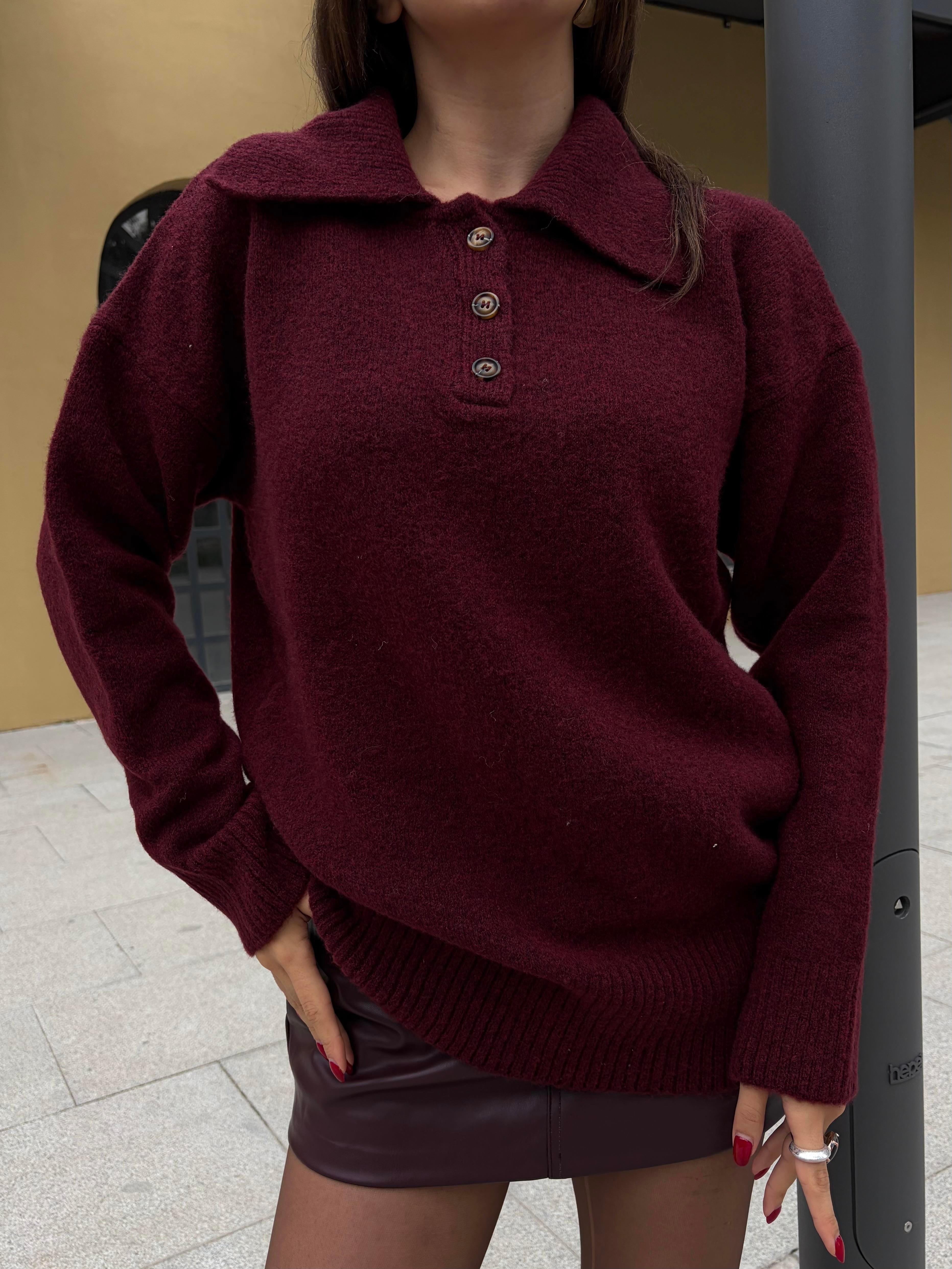 Kadın Bordo Polo Yaka Kazak Tunik Boy 7036