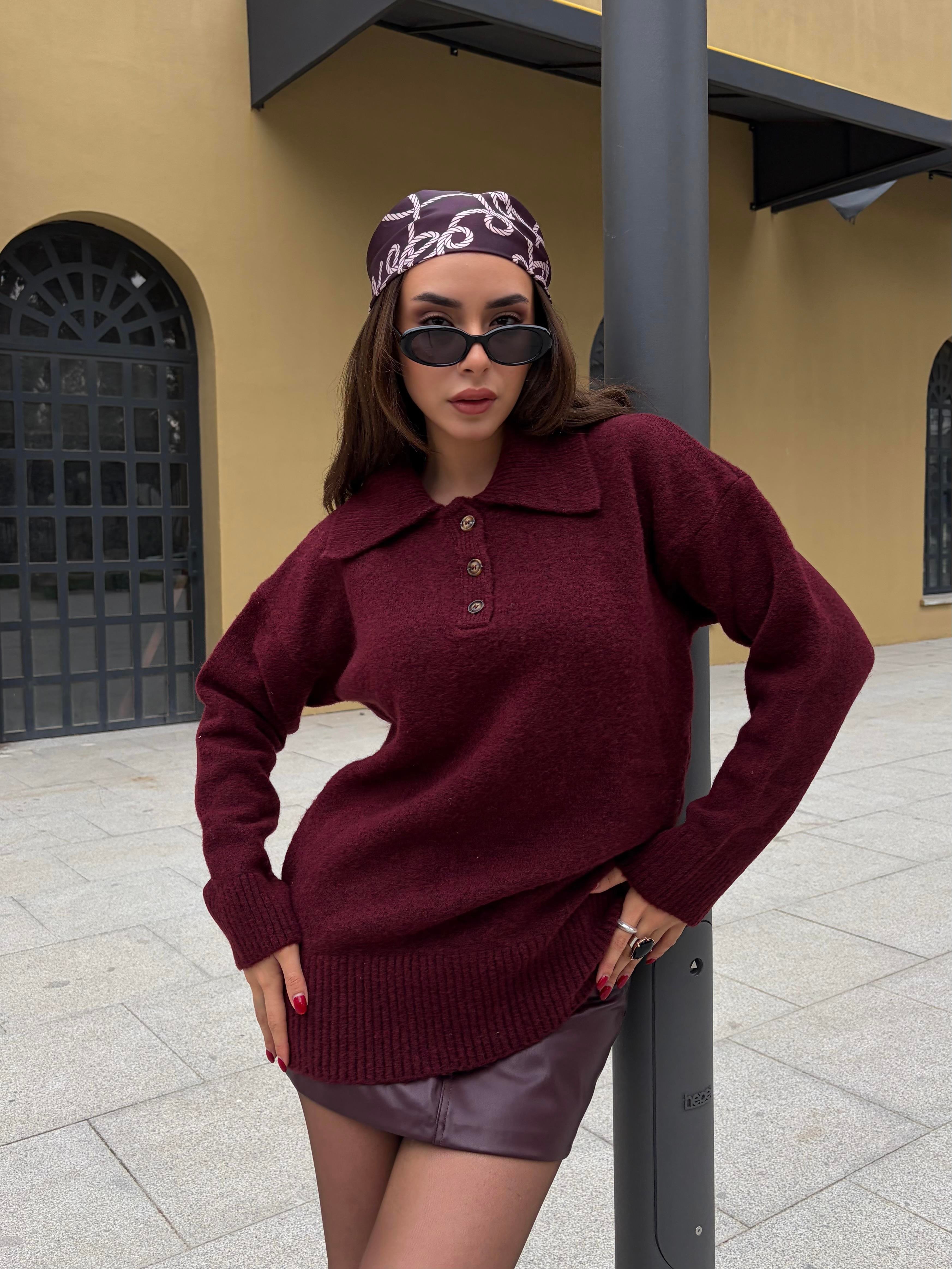 Kadın Bordo Polo Yaka Kazak Tunik Boy 7036