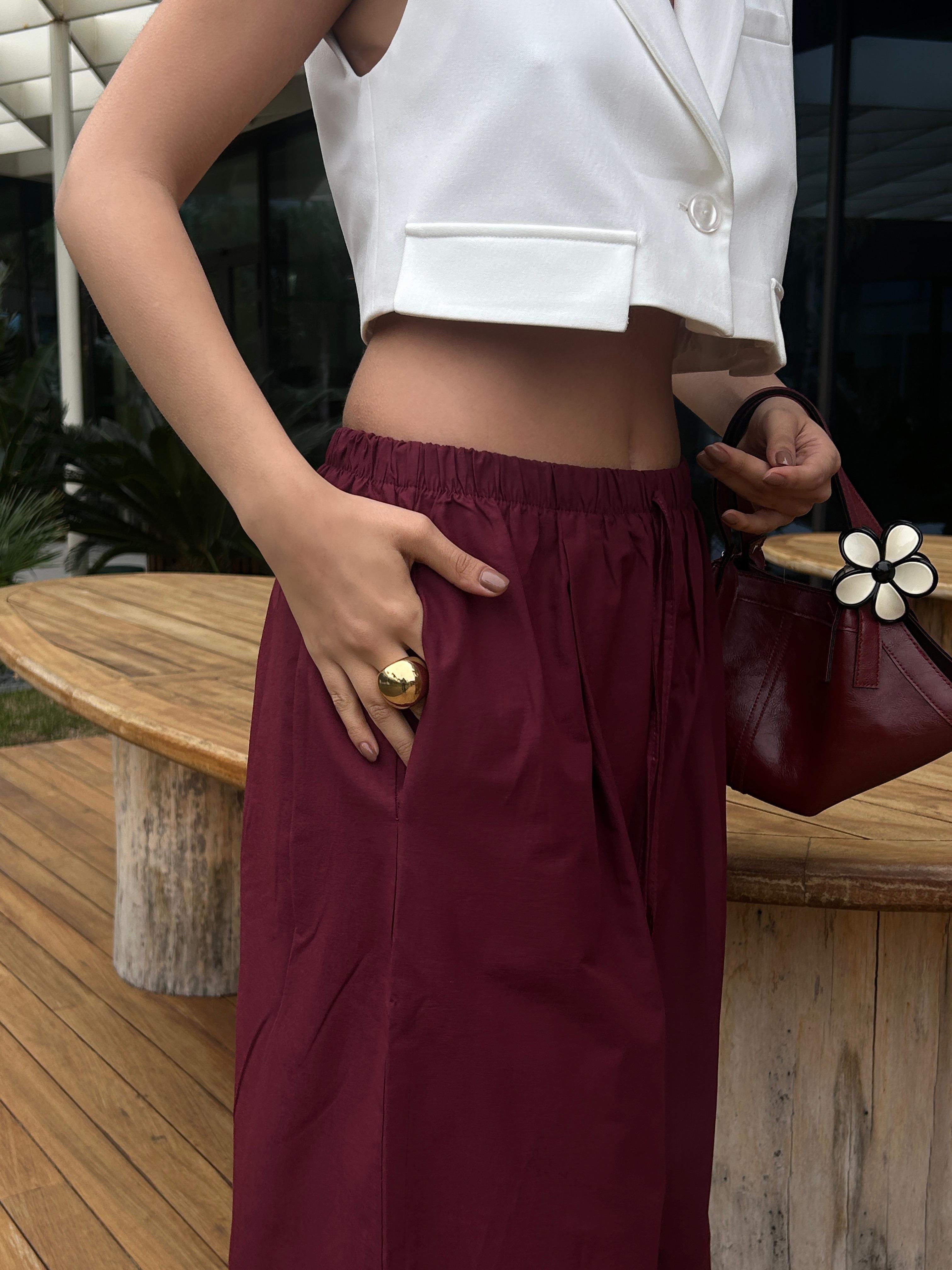 Kadın Bordo Poplin Kumaş Beli Lastikli Cepli Pantolon 29083