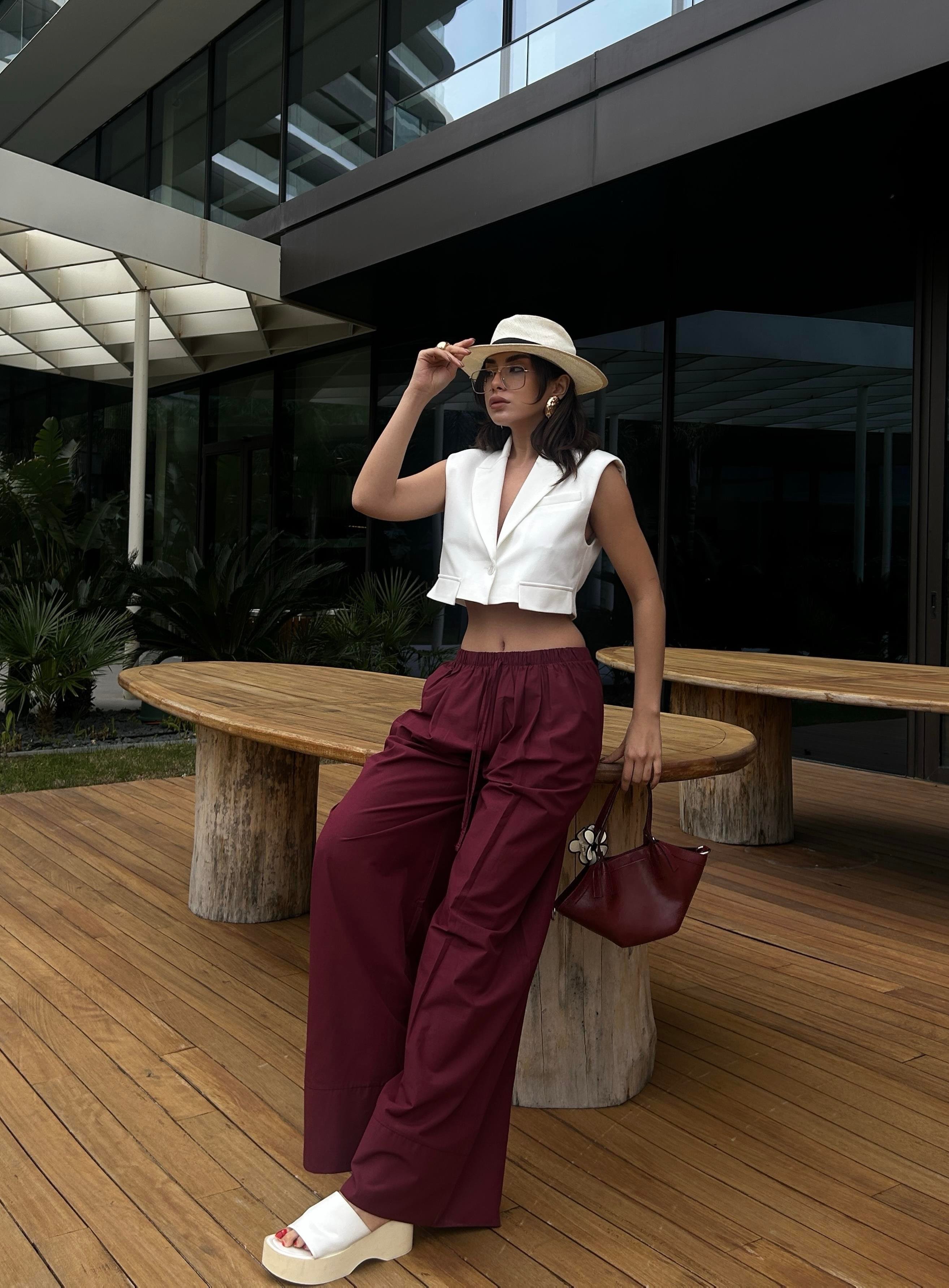 Kadın Bordo Poplin Kumaş Beli Lastikli Cepli Pantolon 29083