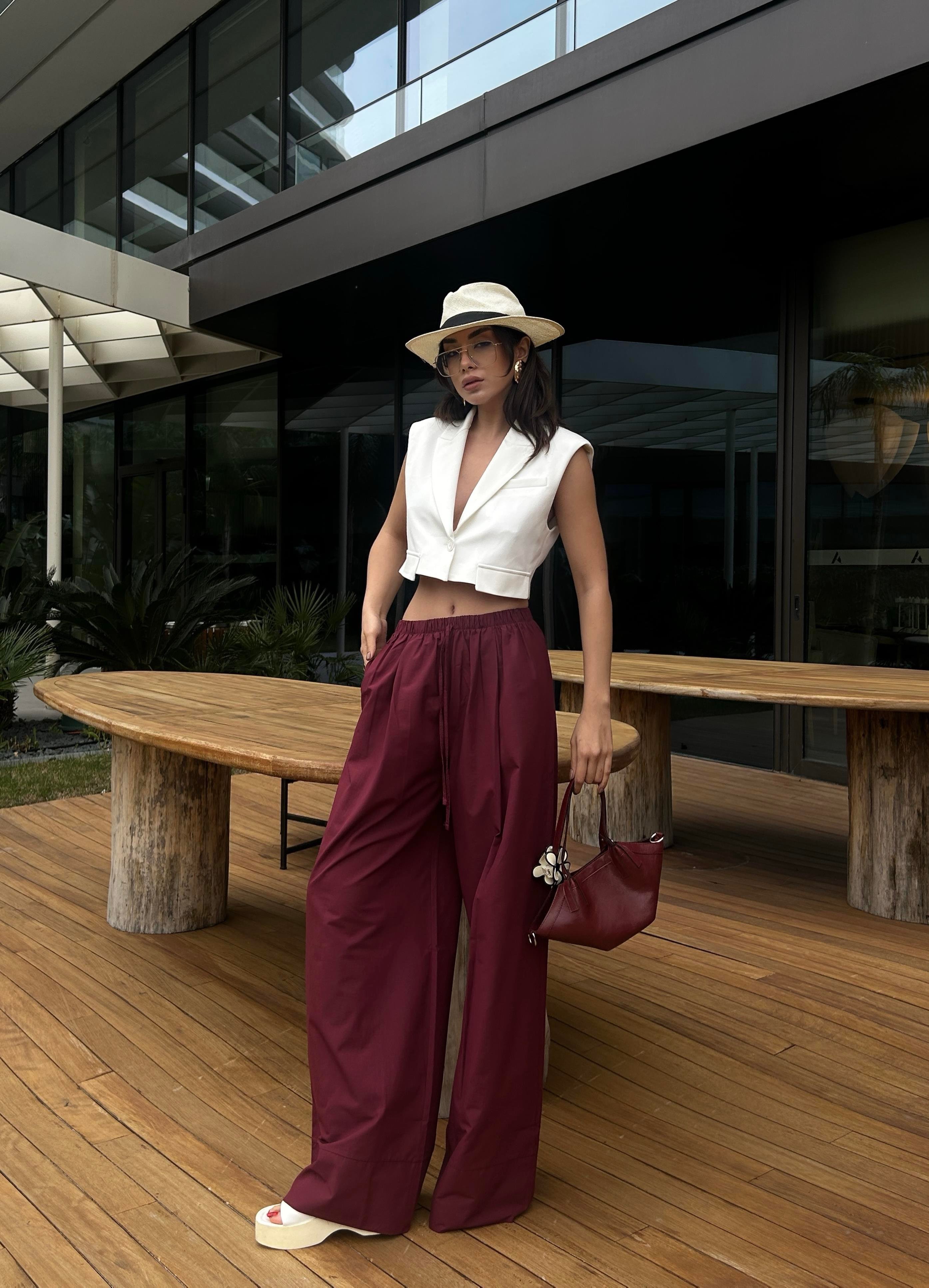 Kadın Bordo Poplin Kumaş Beli Lastikli Cepli Pantolon 29083