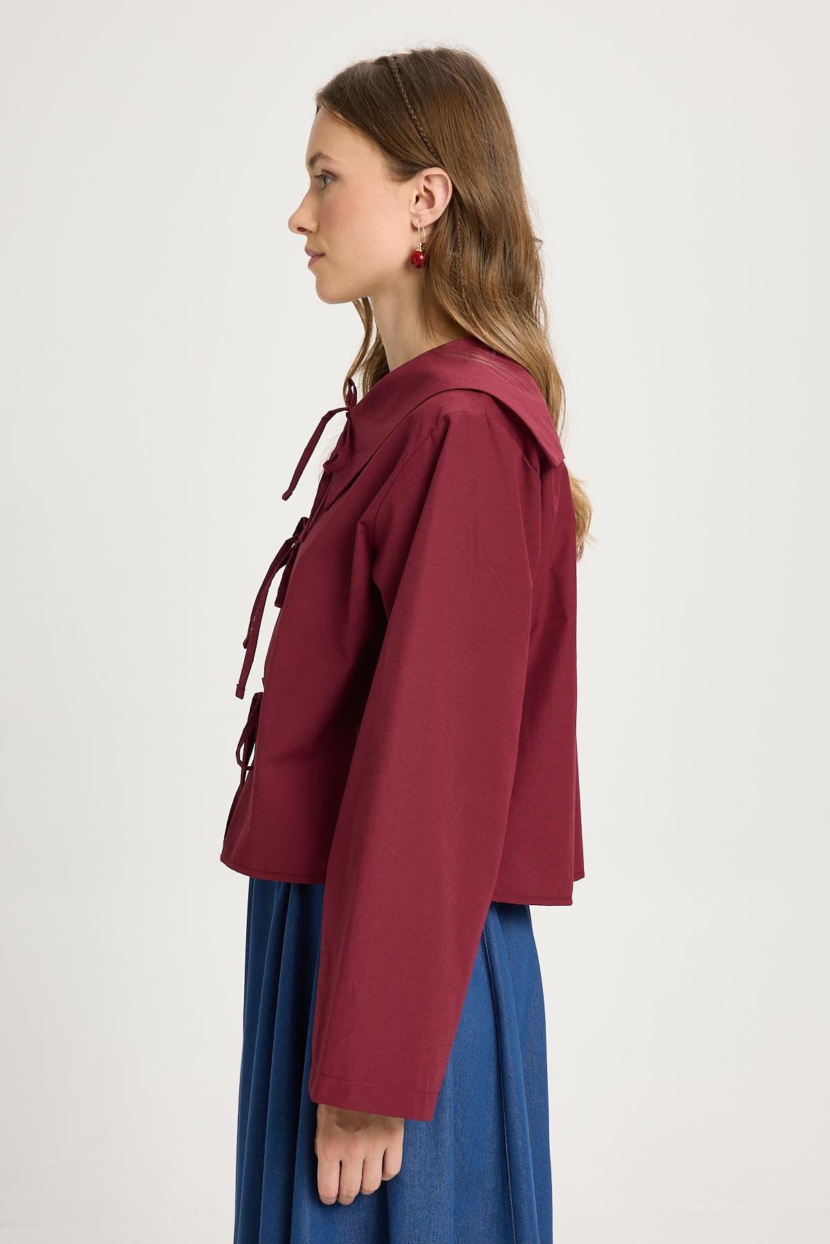 Kadın Bordo Poplin Kumaş Önden Bağlamalı Yaka Detaylı Bluz 30012