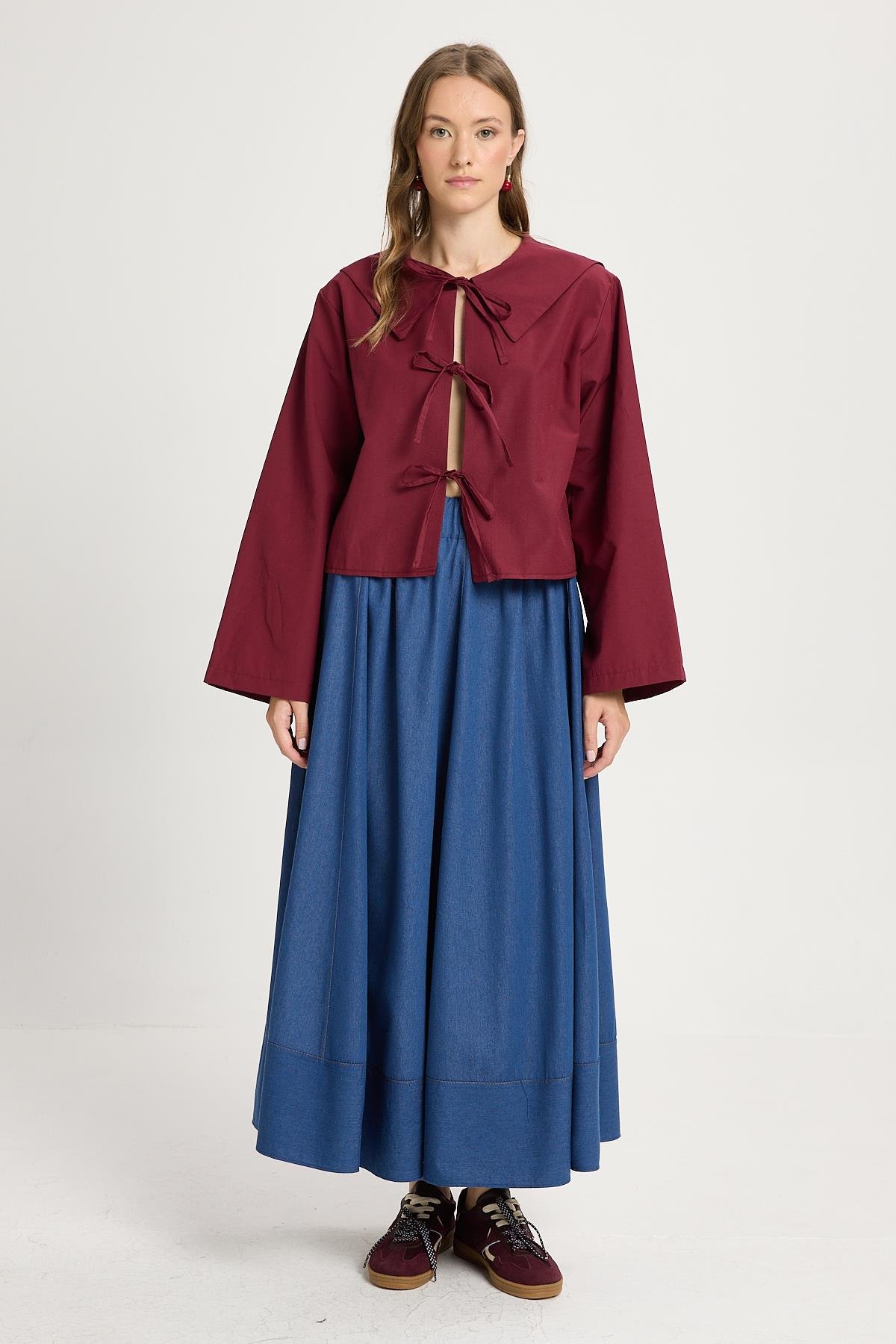 Kadın Bordo Poplin Kumaş Önden Bağlamalı Yaka Detaylı Bluz 30012