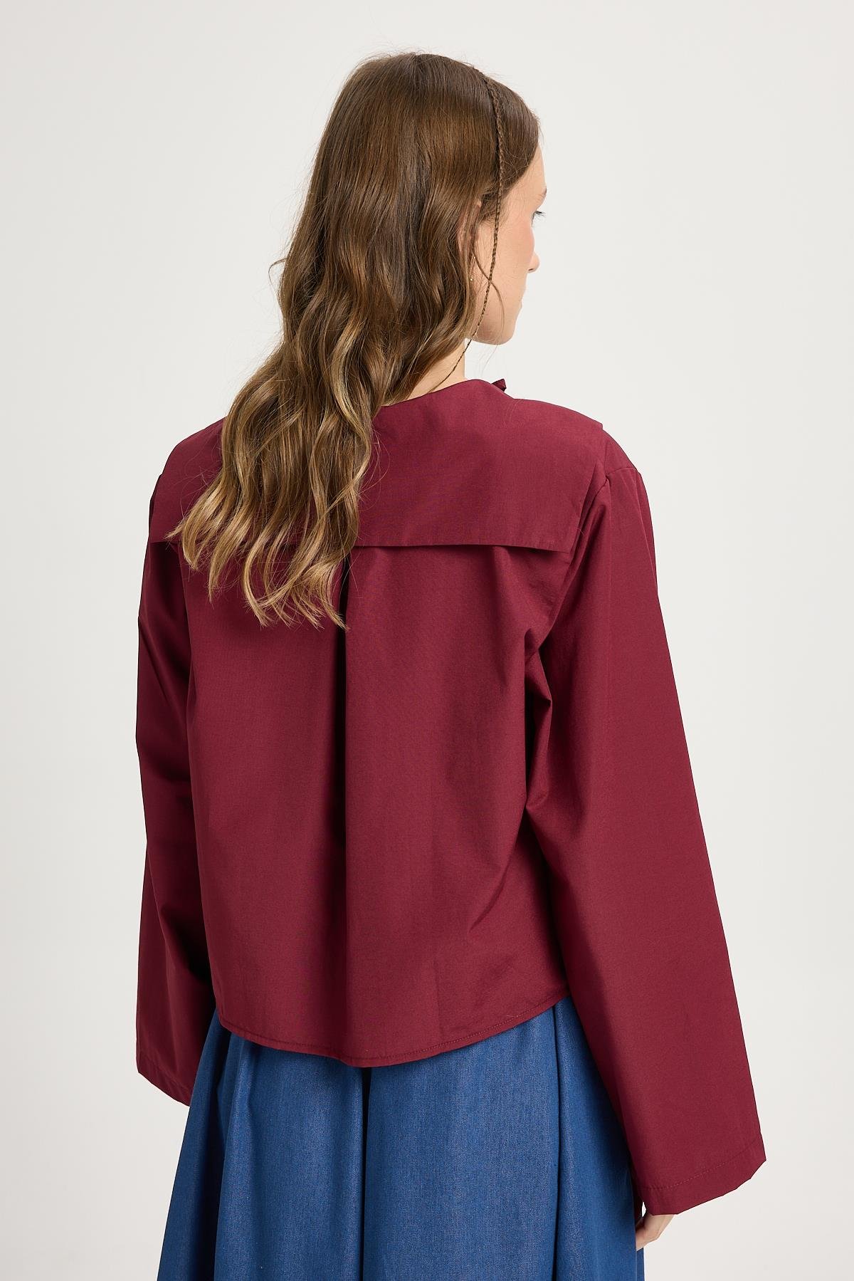 Kadın Bordo Poplin Kumaş Önden Bağlamalı Yaka Detaylı Bluz 30012