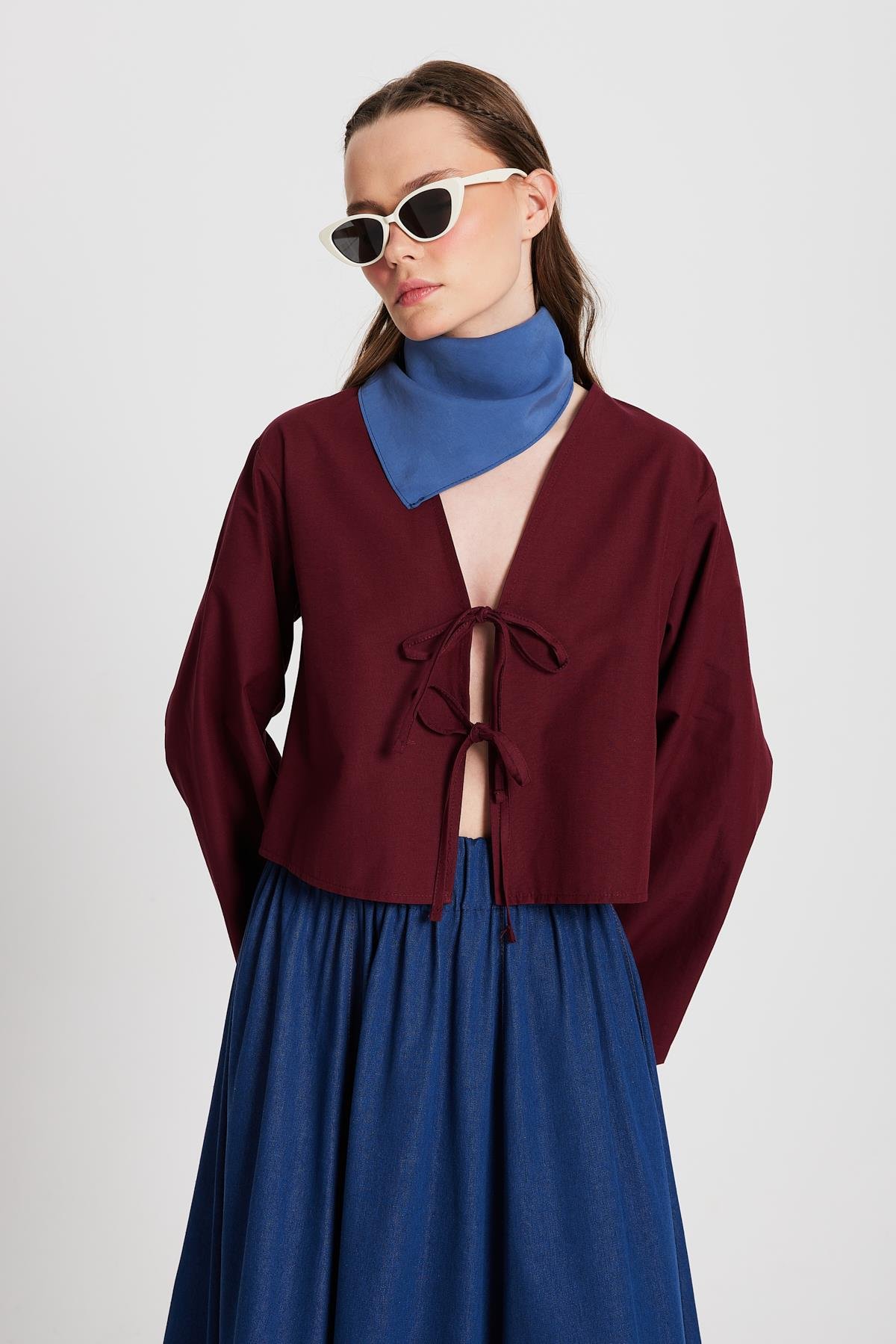 Kadın Bordo Poplin Önden Bağlamalı Bluz 29085