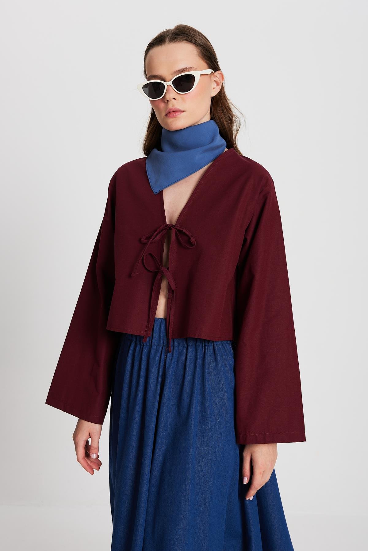 Kadın Bordo Poplin Önden Bağlamalı Bluz 29085