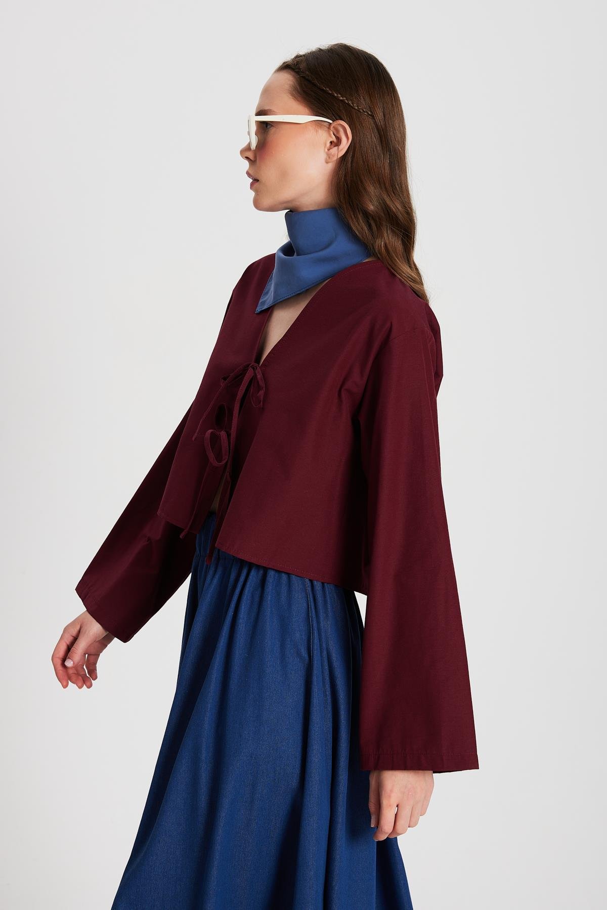 Kadın Bordo Poplin Önden Bağlamalı Bluz 29085