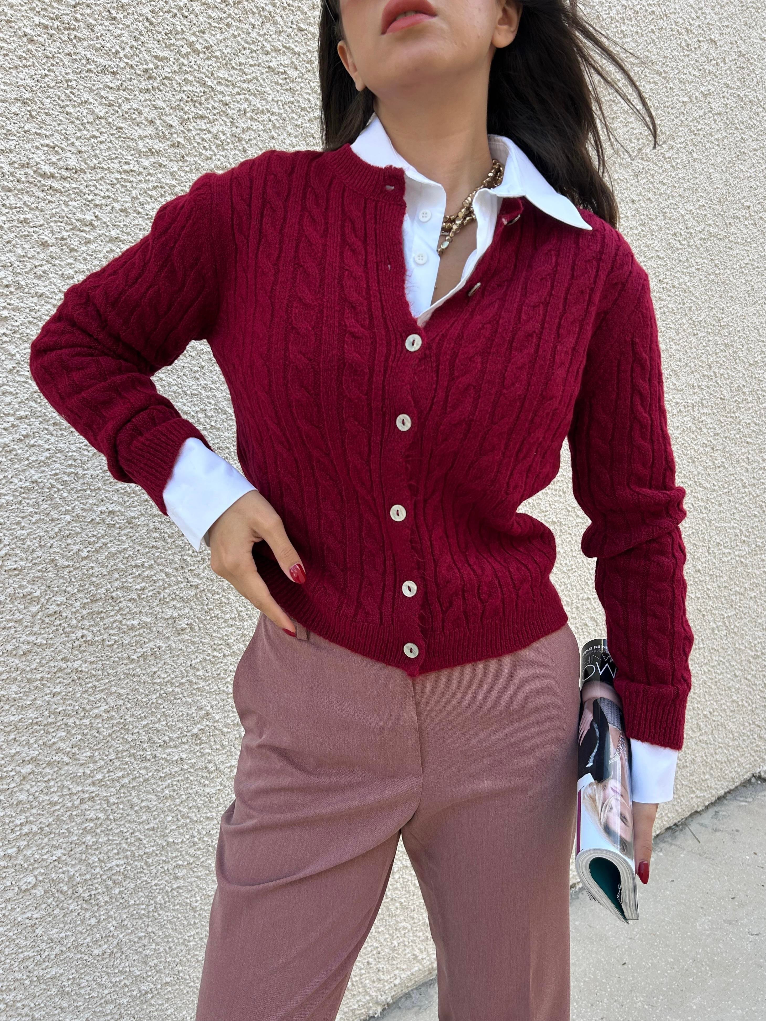 Kadın Bordo Saç Örgü Taş Düğmeli Kısa Hırka 30033