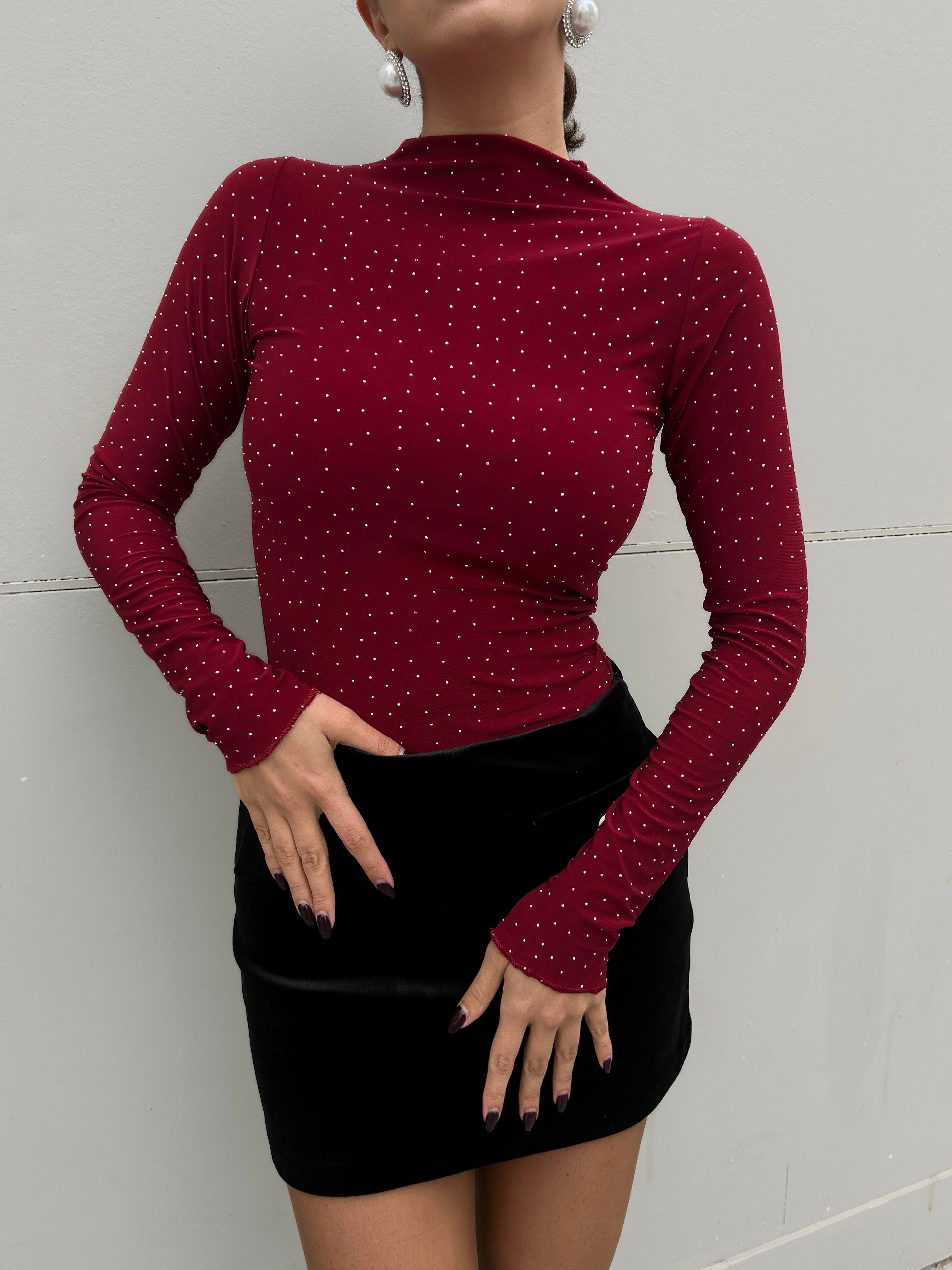 Kadın Bordo Sandy Kumaş Taşlı Bluz 30098