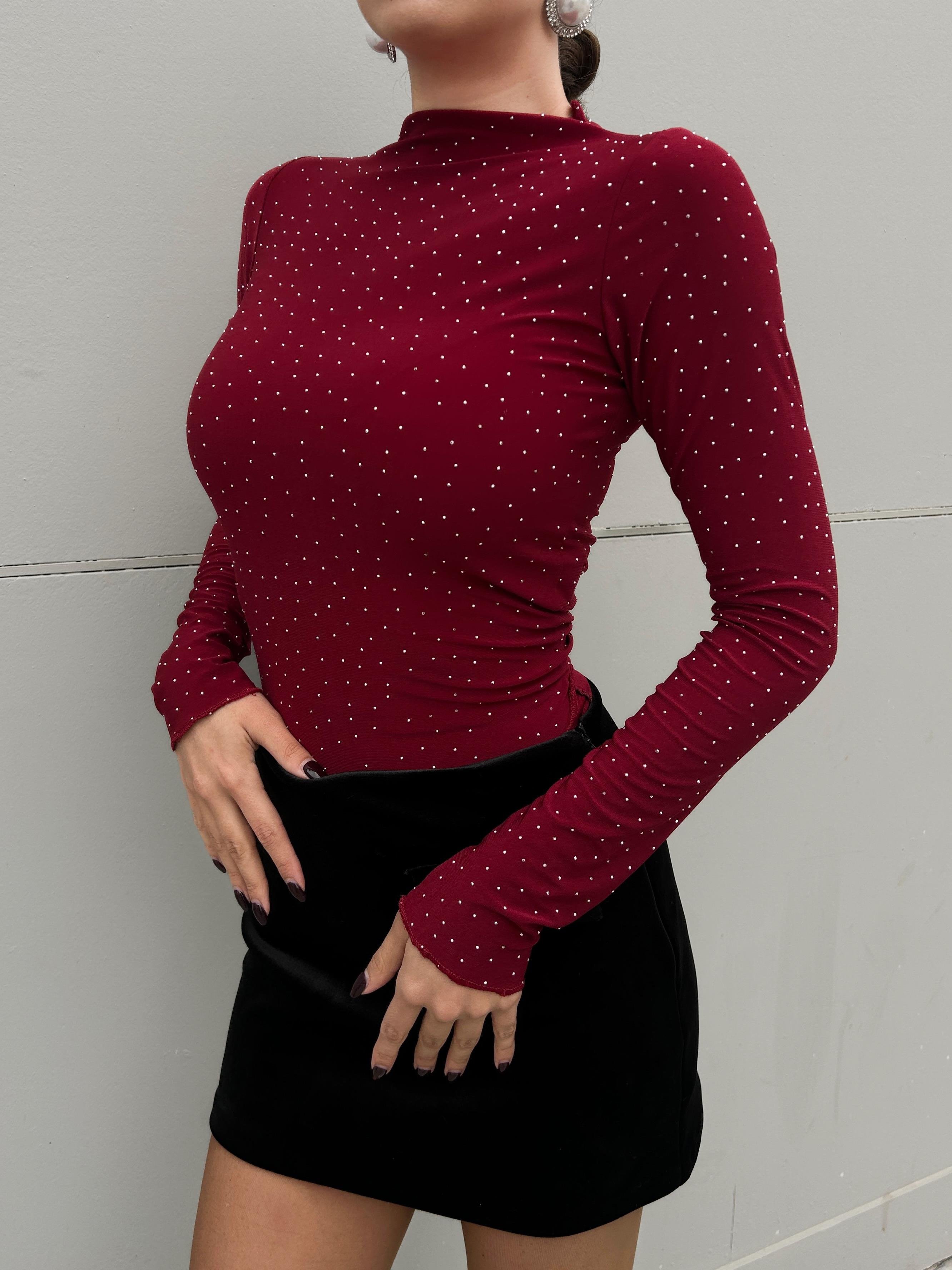 Kadın Bordo Sandy Kumaş Taşlı Bluz 30098