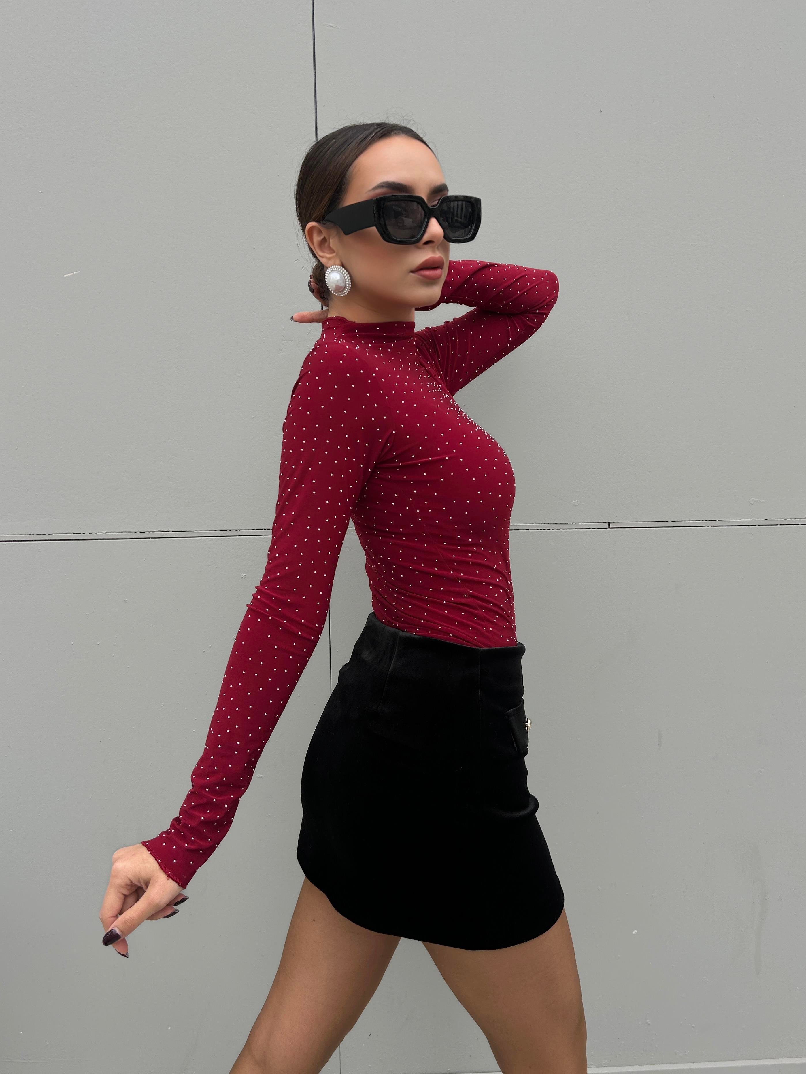 Kadın Bordo Sandy Kumaş Taşlı Bluz 30098