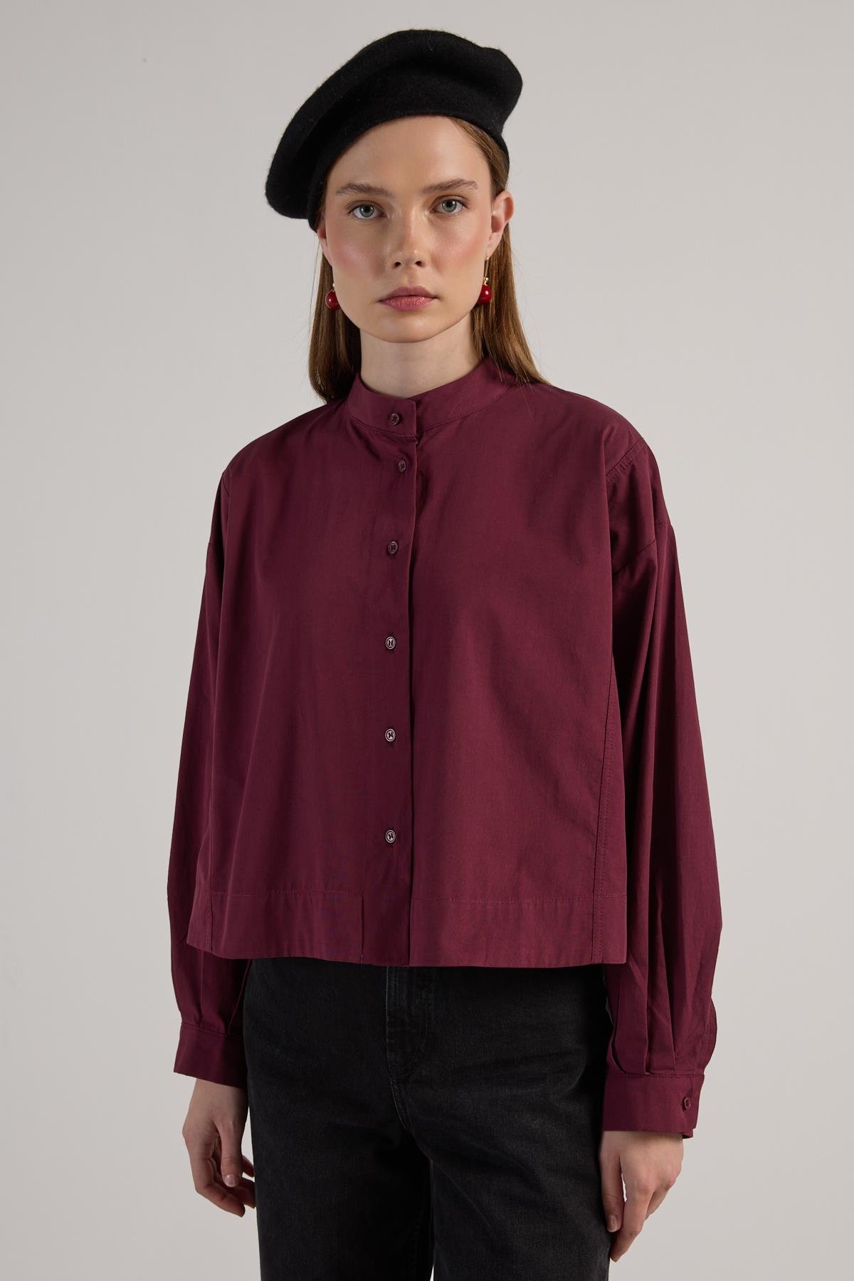 Kadın Bordo Tasarım Oversize Kısa Gömlek 30019