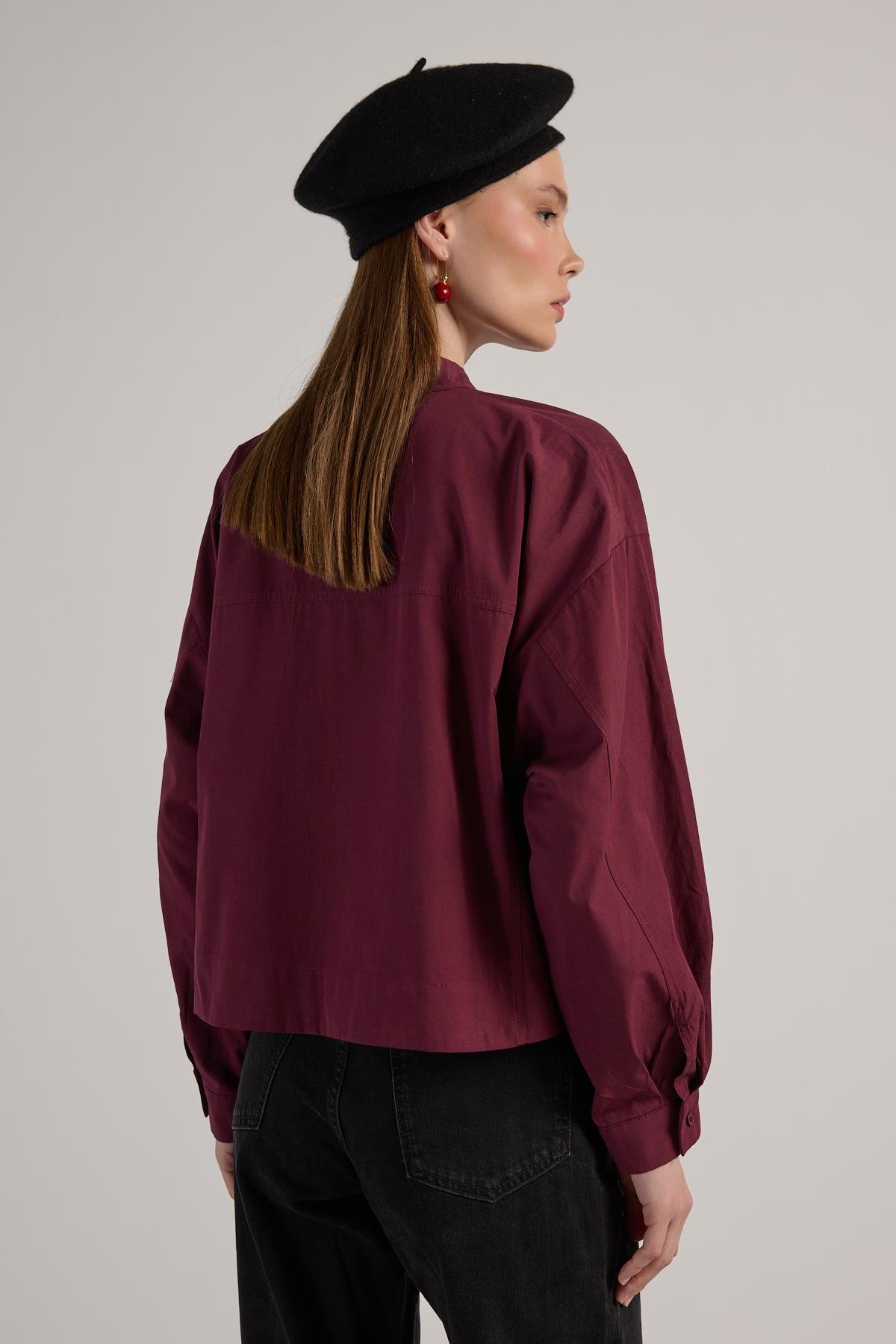 Kadın Bordo Tasarım Oversize Kısa Gömlek 30019