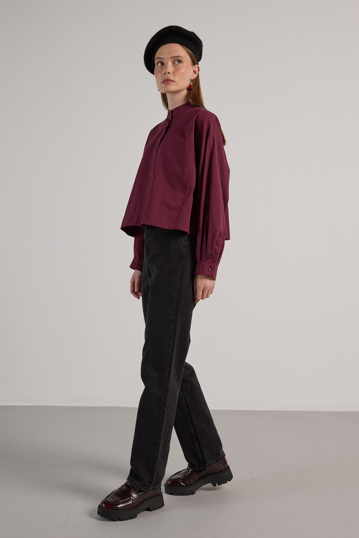 Kadın Bordo Tasarım Oversize Kısa Gömlek 30019