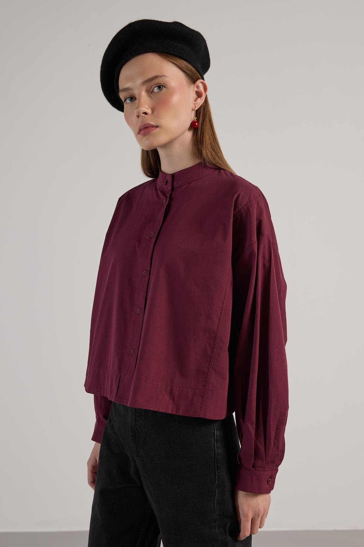 Kadın Bordo Tasarım Oversize Kısa Gömlek 30019