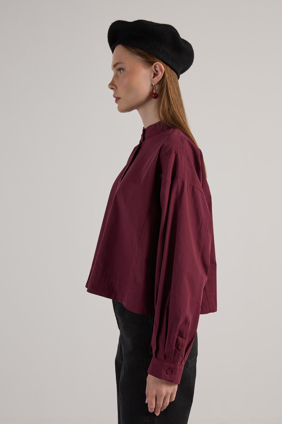 Kadın Bordo Tasarım Oversize Kısa Gömlek 30019