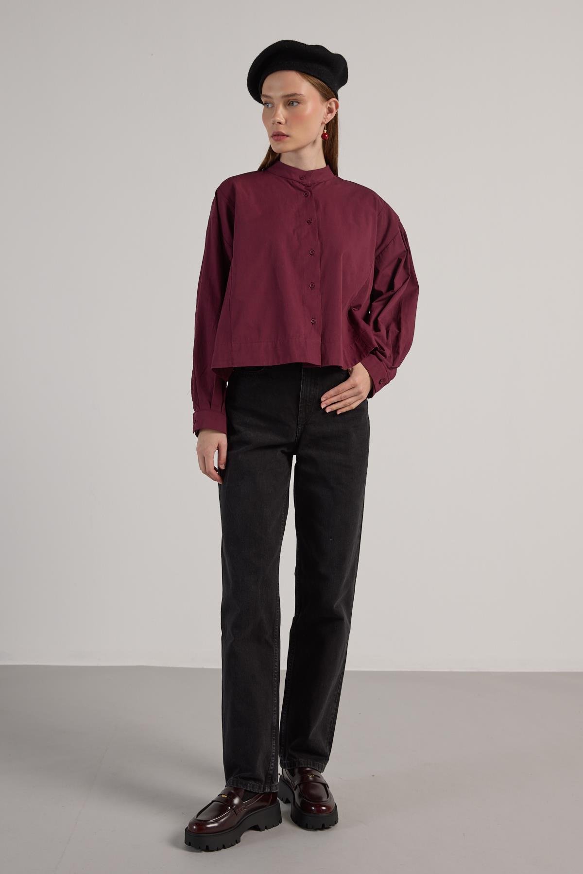 Kadın Bordo Tasarım Oversize Kısa Gömlek 30019