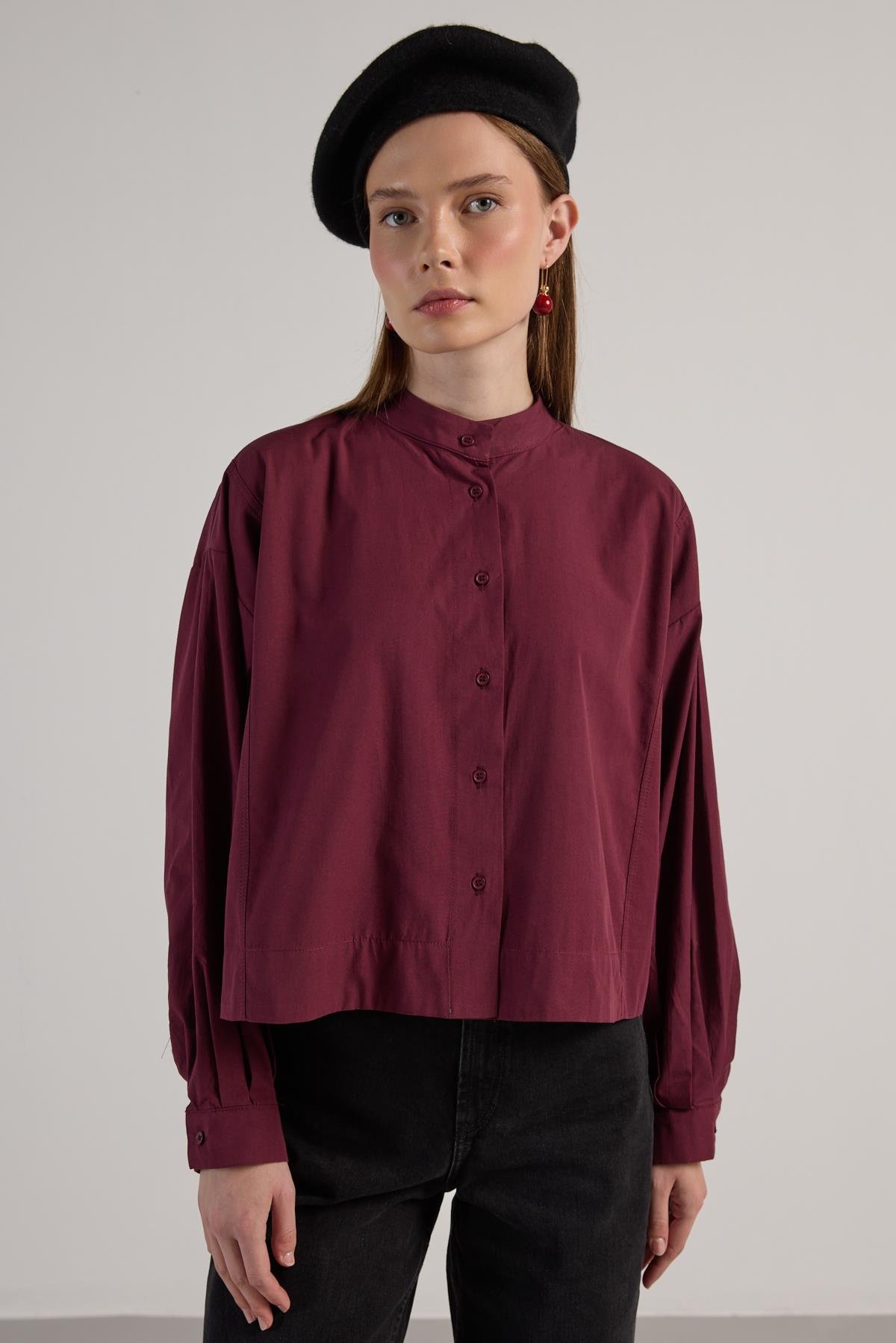 Kadın Bordo Tasarım Oversize Kısa Gömlek 30019