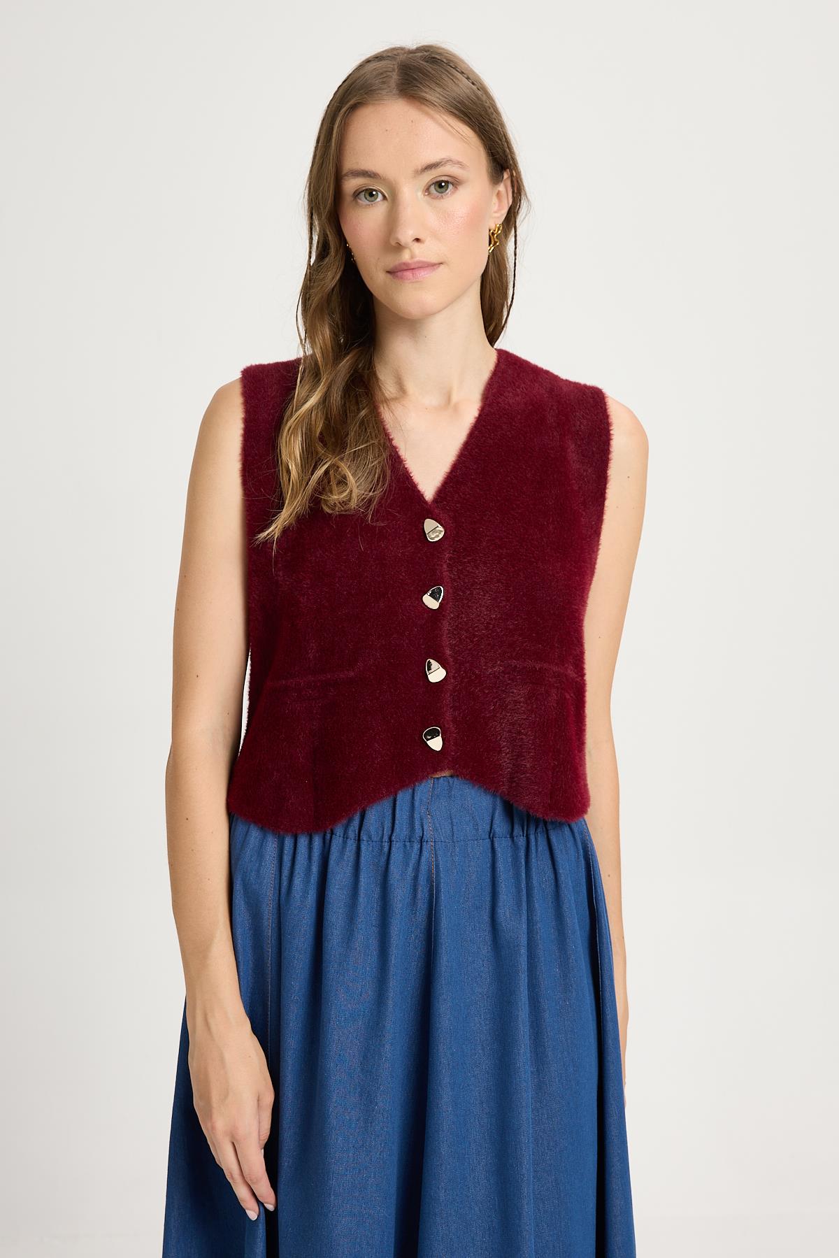 Kadın Bordo Triko Yelek Gold Düğme Detaylı Yumuşak Dokulu 2541