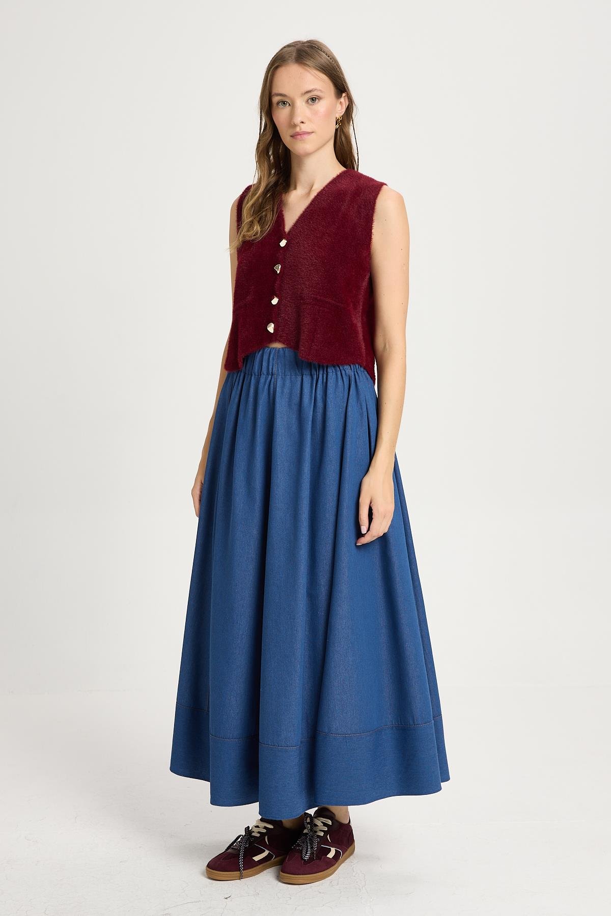 Kadın Bordo Triko Yelek Gold Düğme Detaylı Yumuşak Dokulu 2541