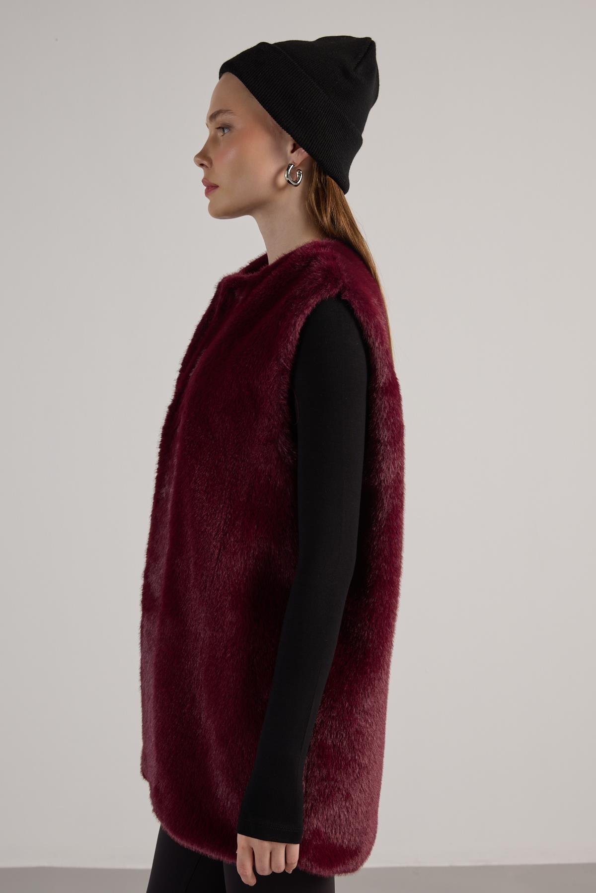 Kadın Bordo Uzun Astarlı Kürk Yelek 30072