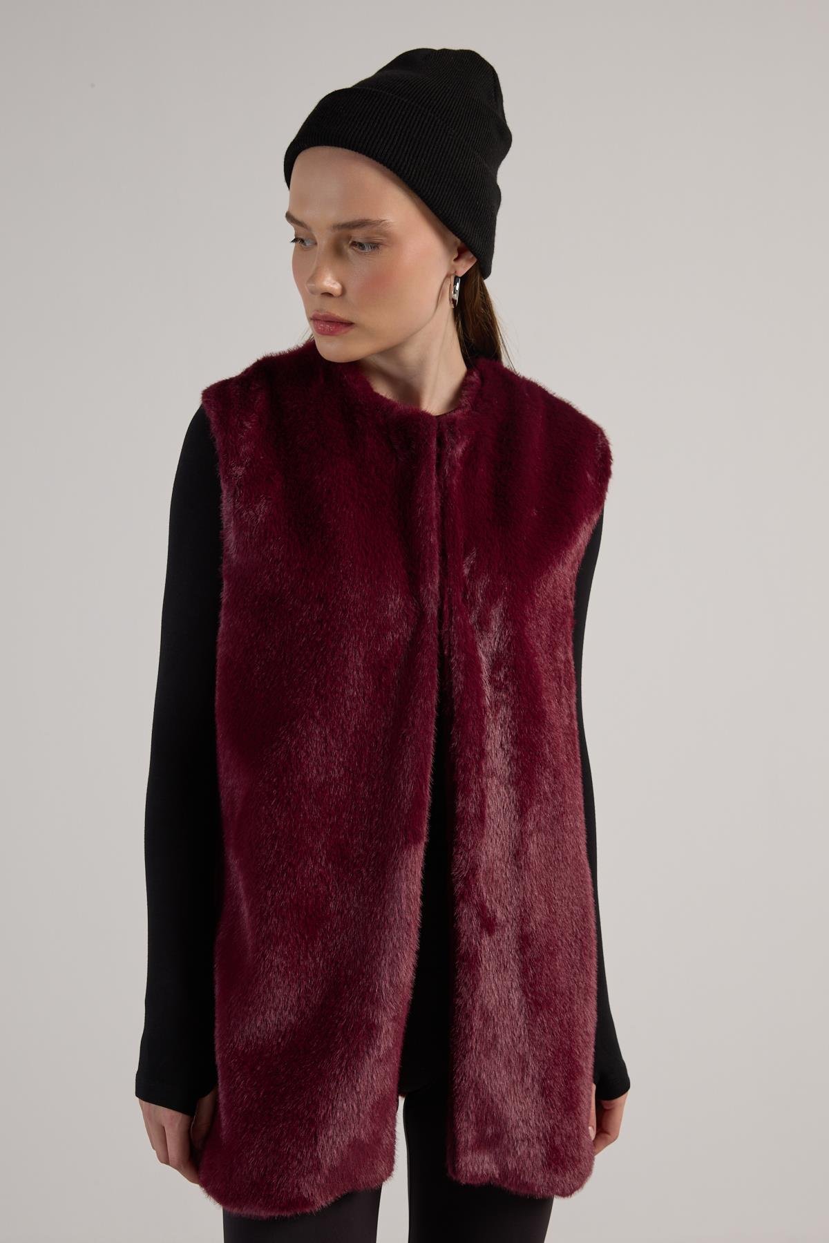 Kadın Bordo Uzun Astarlı Kürk Yelek 30072