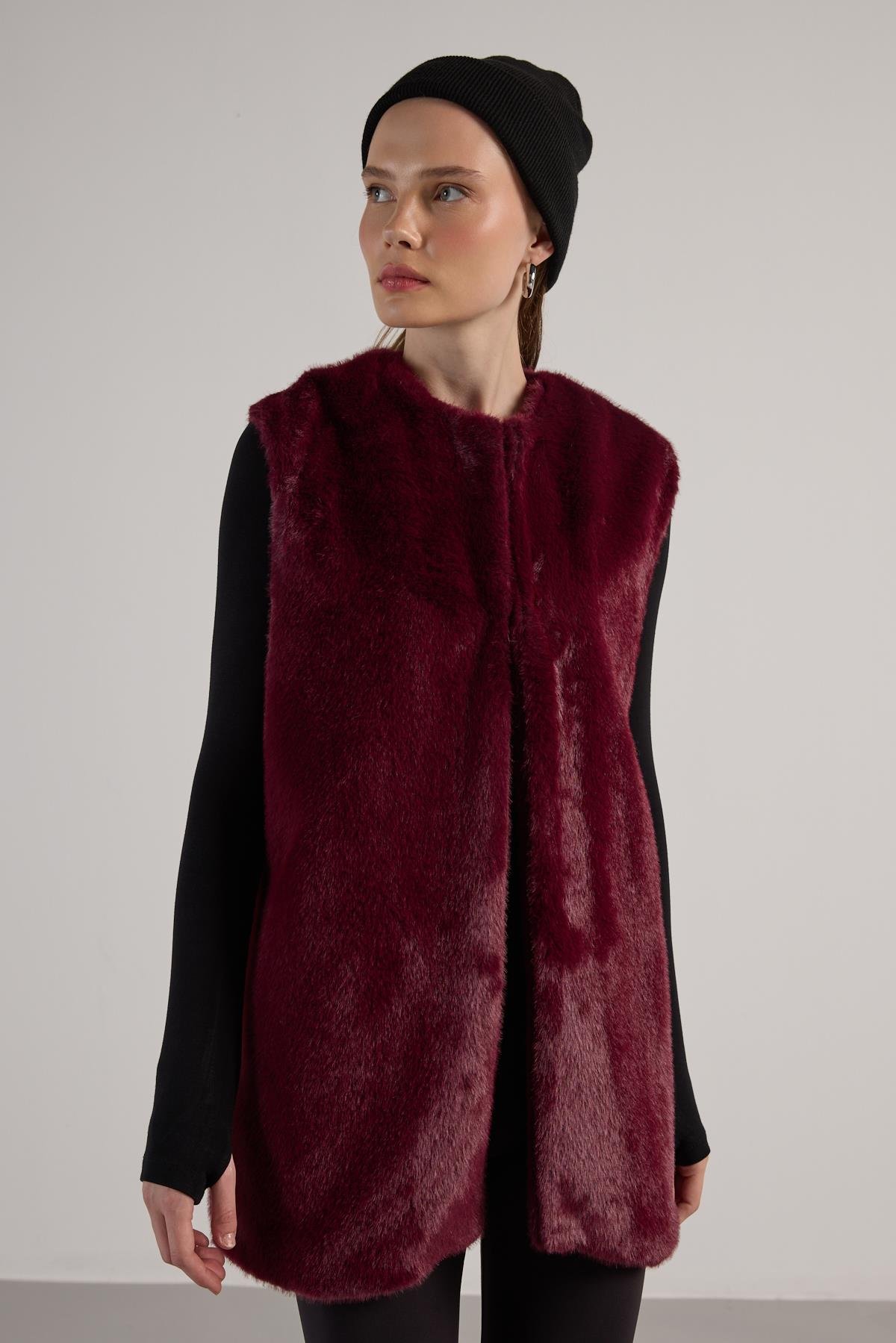 Kadın Bordo Uzun Astarlı Kürk Yelek 30072