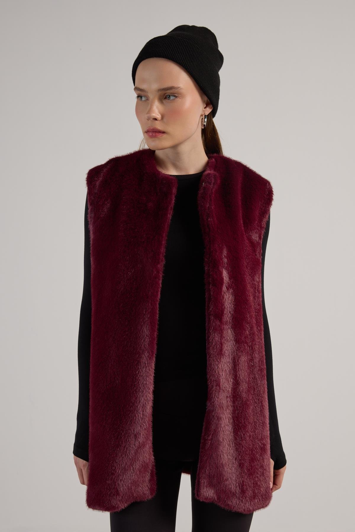 Kadın Bordo Uzun Astarlı Kürk Yelek 30072
