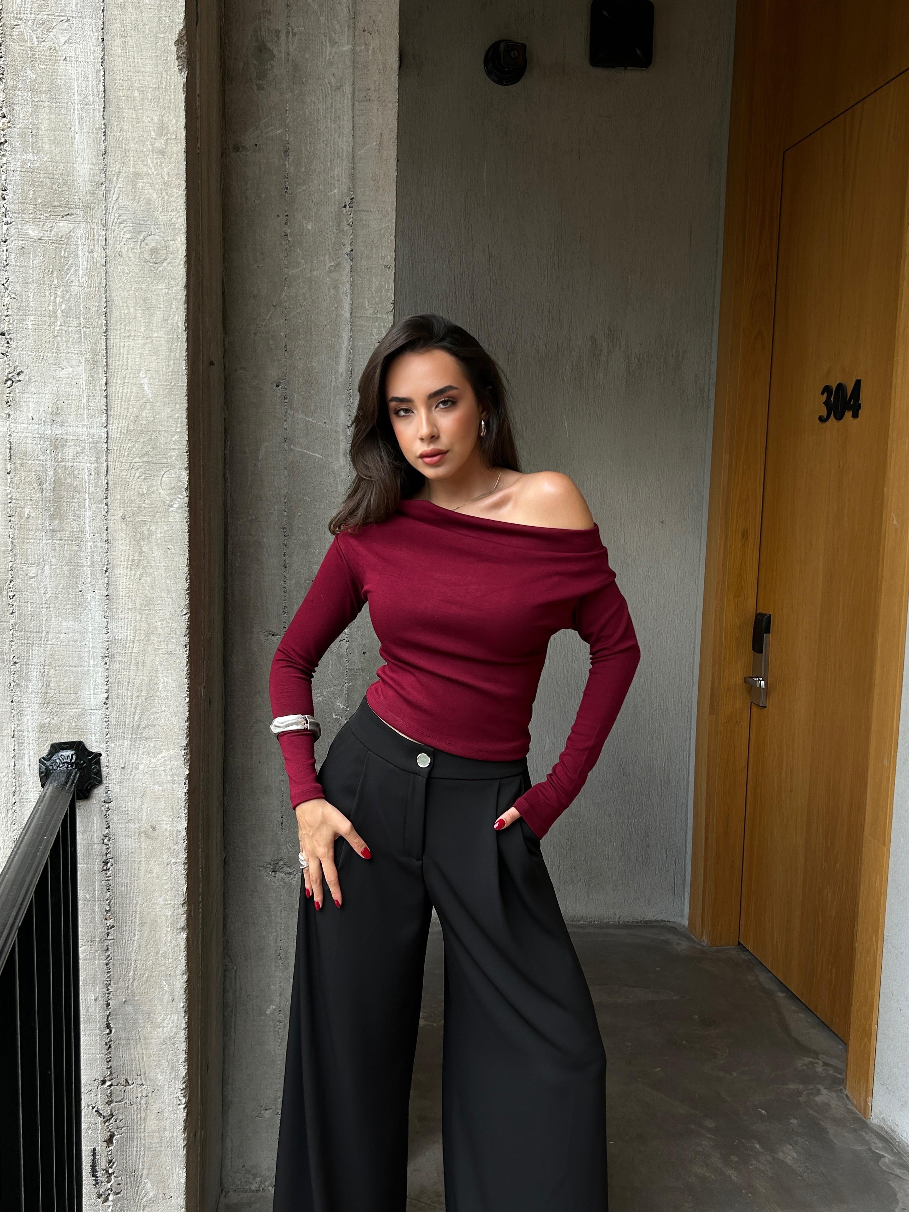 Kadın Bordo Uzun Kollu Düşük Omuz Bluz 30079