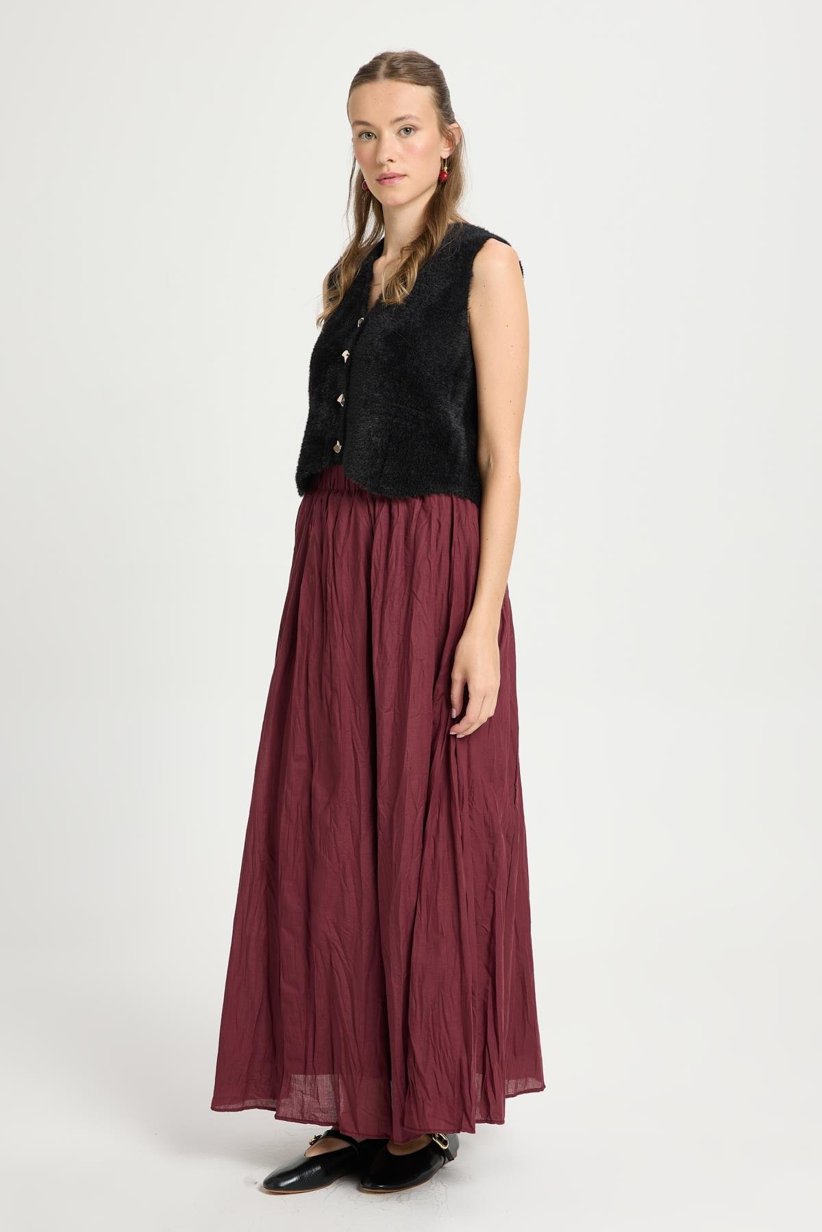 Kadın Bordo Vual Kumaş Kırışık Uzun Astarlı Etek 29062